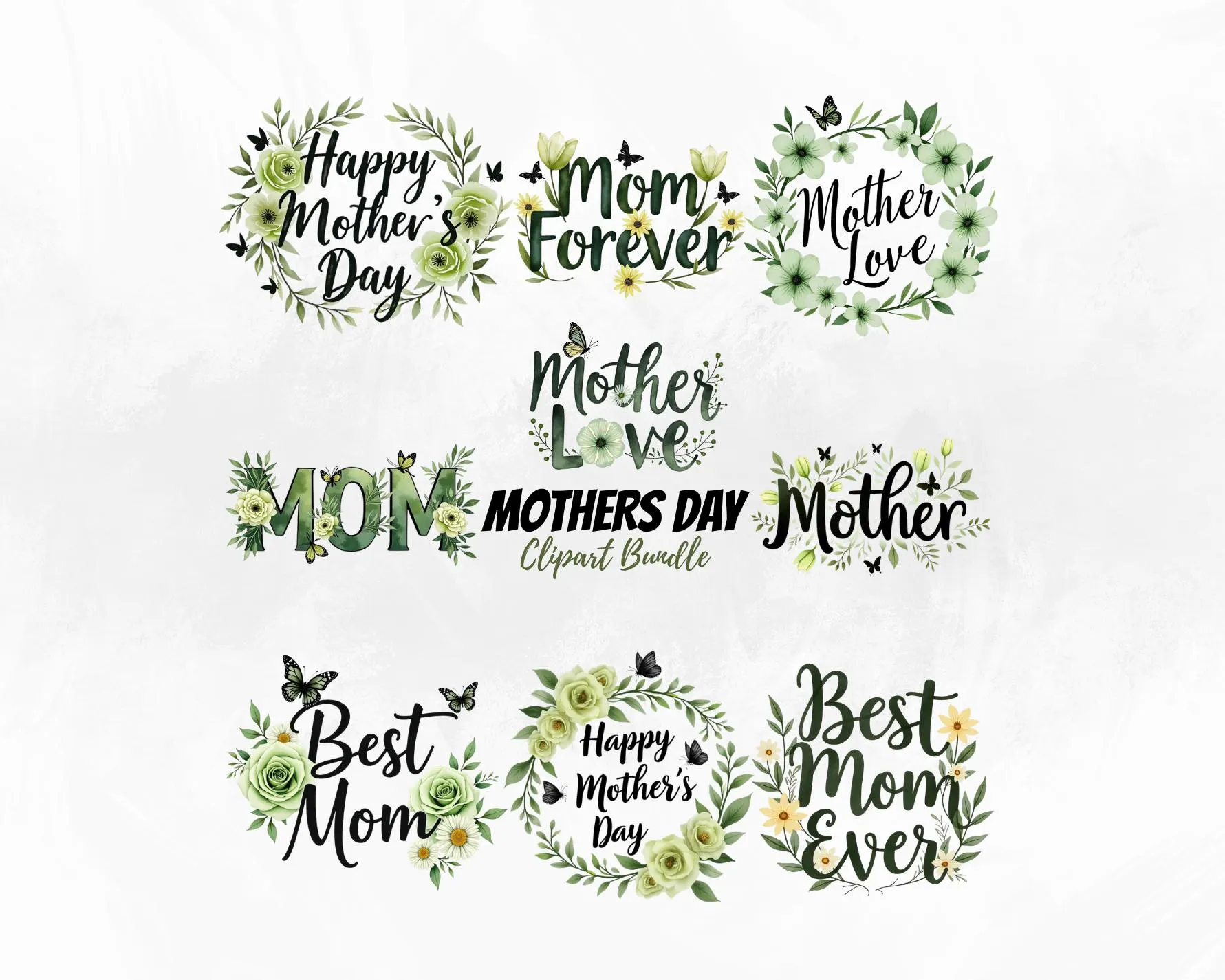 Green Floral Mothers Day Clipart Bundle PNG, Botanical Mom Quotes, Sage Flower Wreath Design, Best Mom Typography Download