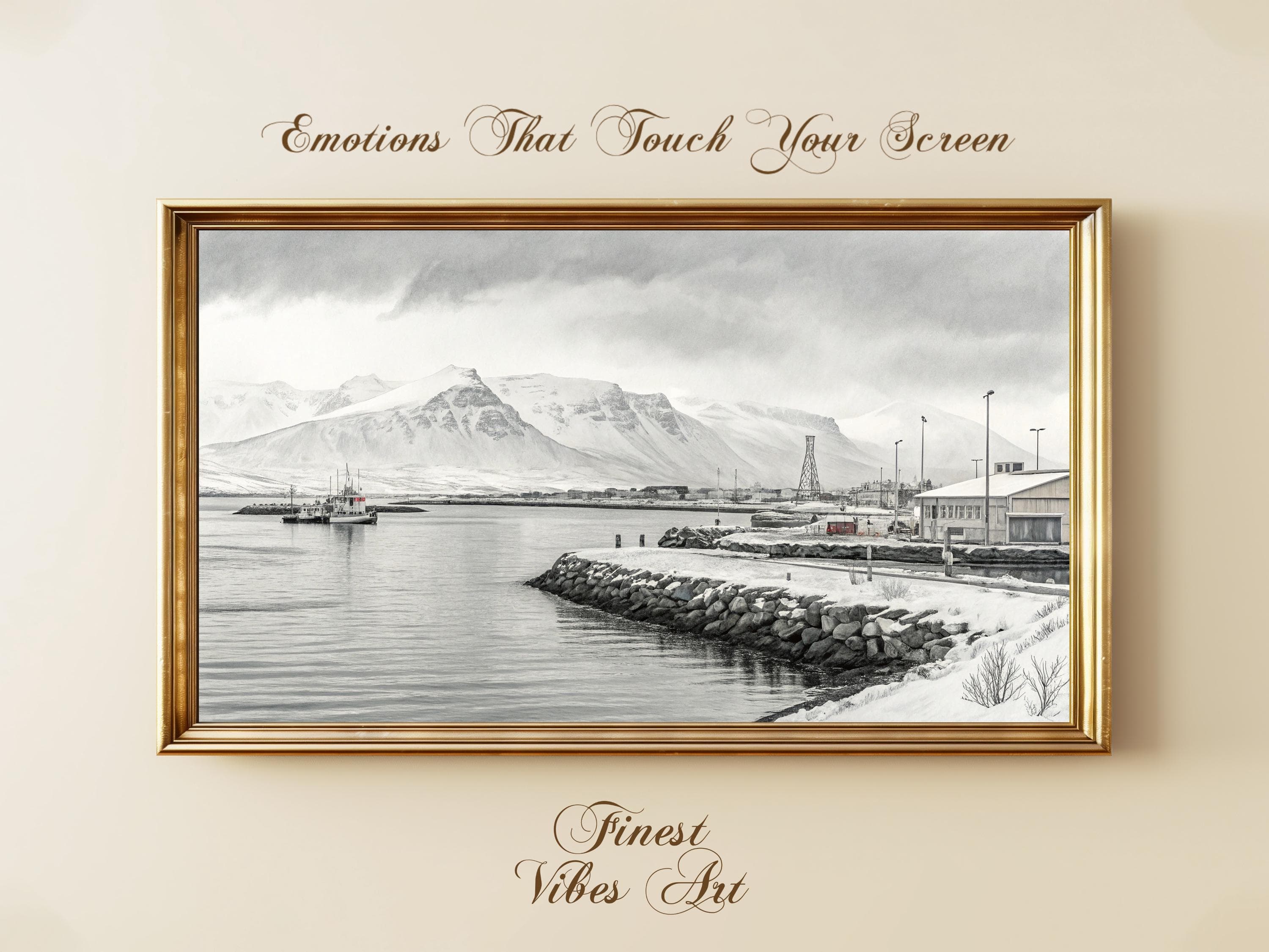 Reykjavik Iceland Black & White Harbor Art, Watercolor Nordic Landscape, Winter Coastal Scene