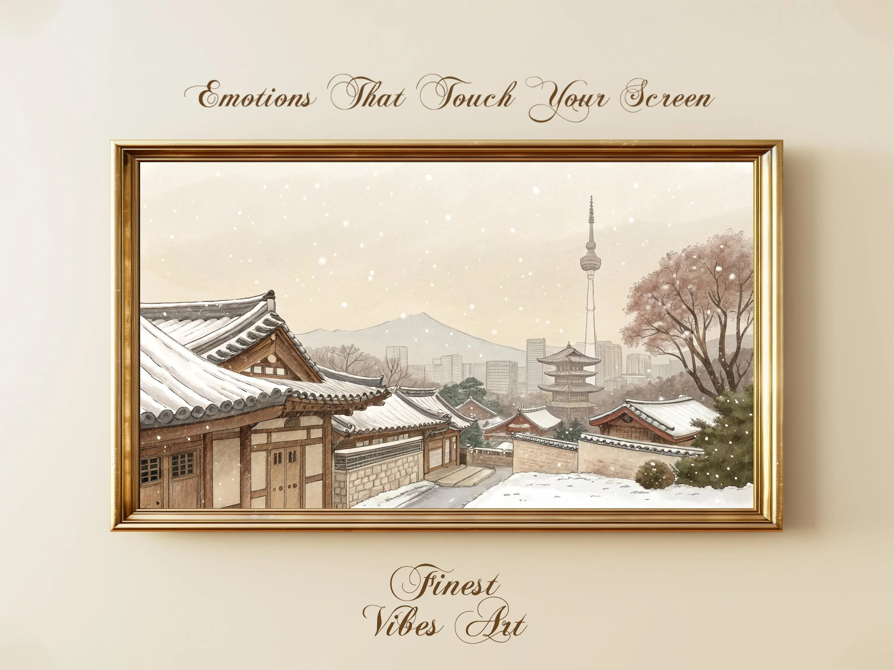 Seoul Winter Hanok Village Art,  Korean Pagoda Landscape Painting, Samsung Frame TV Digital Download