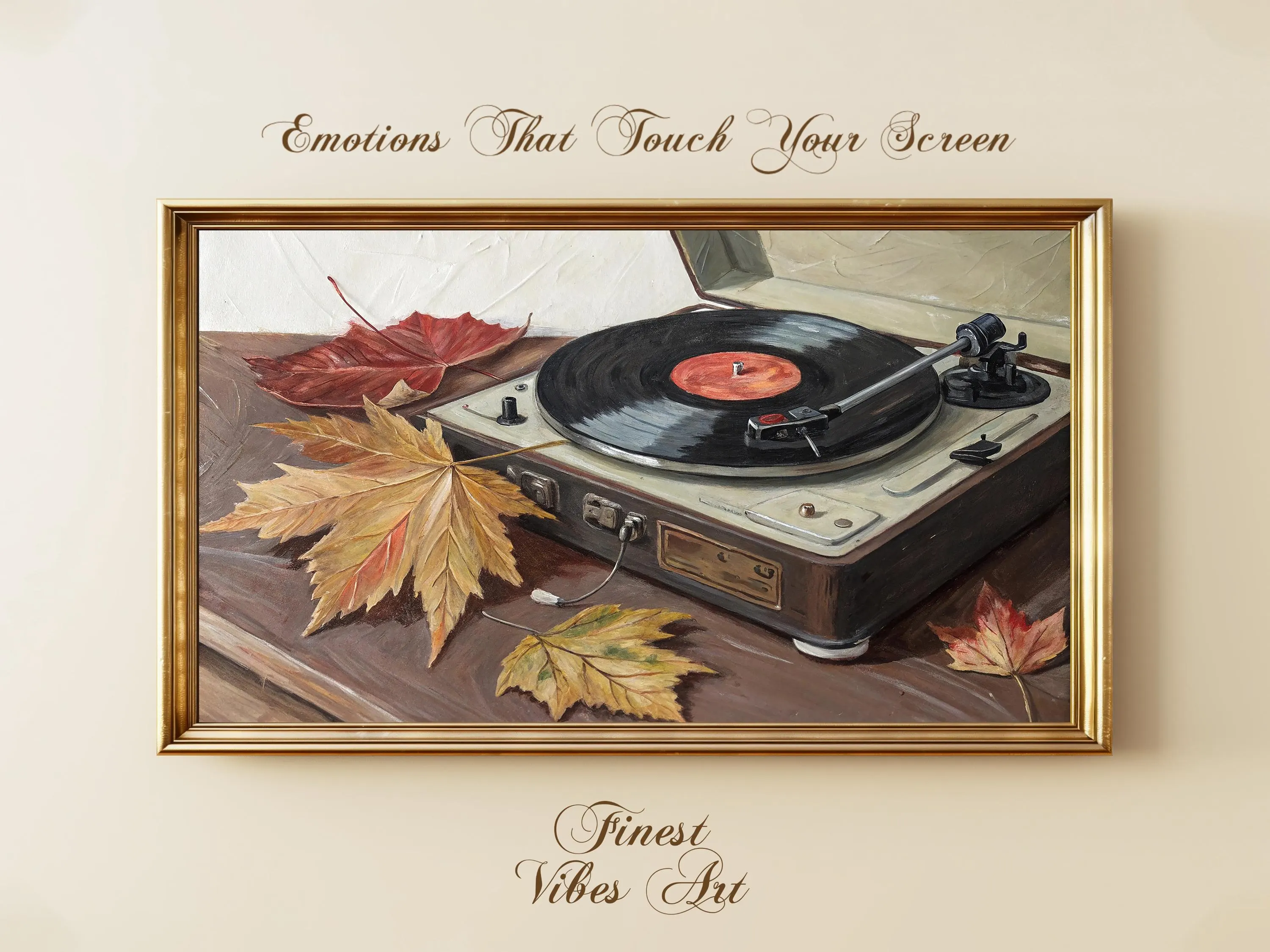 Vintage Record Player Autumn Leaves Art, Retro Frame TV Art (Digital Download)