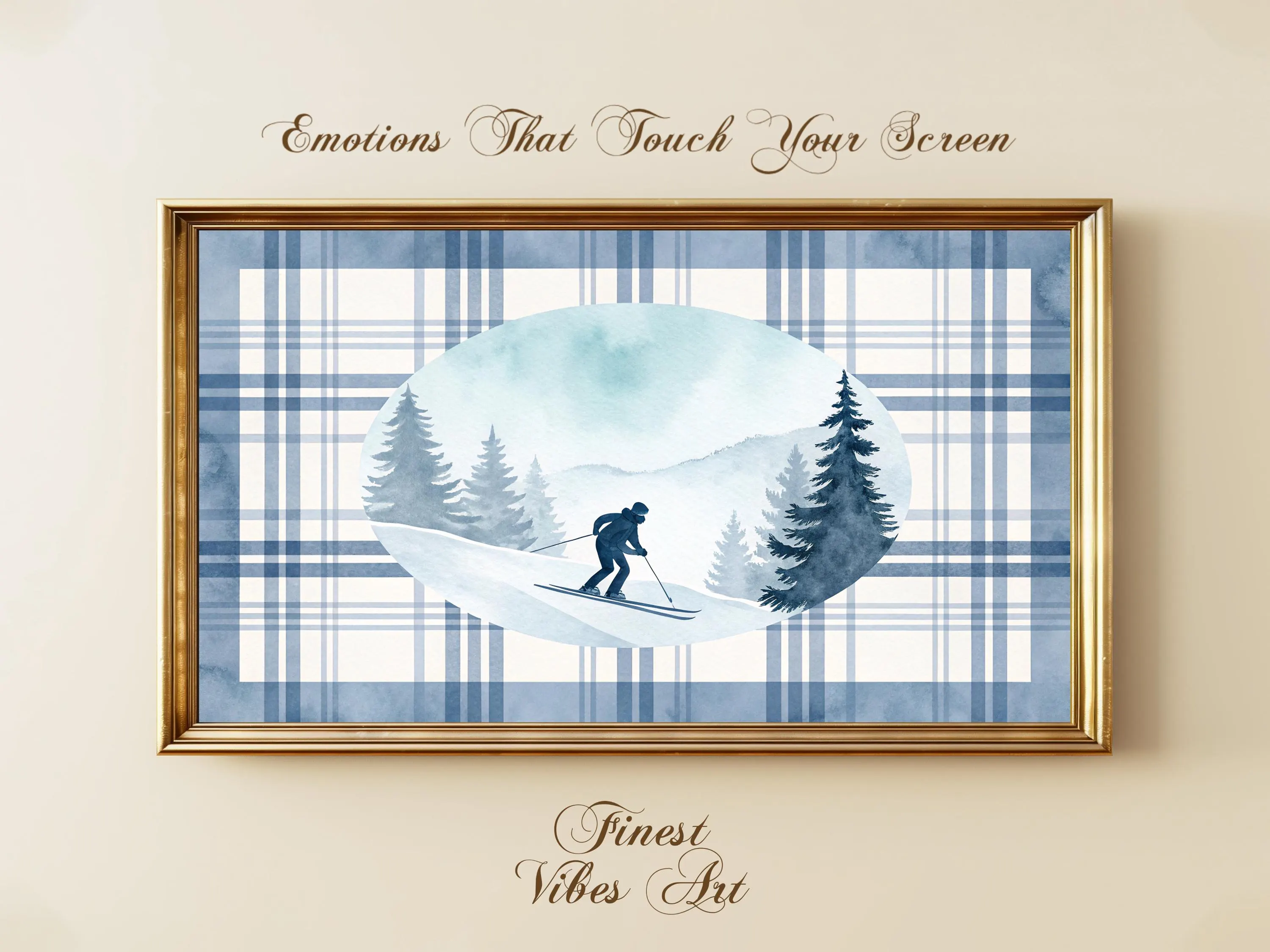 Skiing Plaid Frame TV Art: Cozy Winter Alpine Scene (Digital Download)