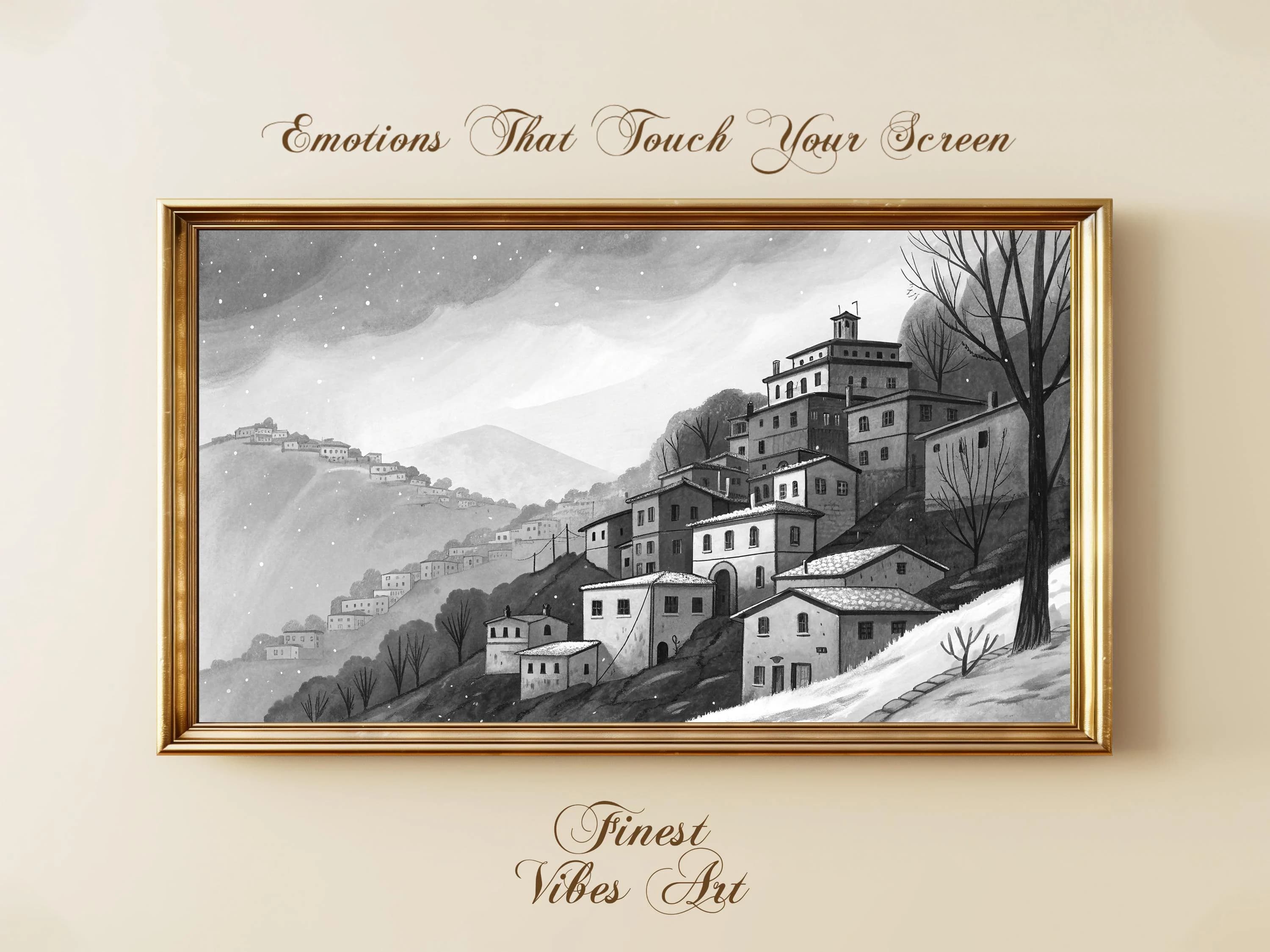 Black and White Winter Village Art for  Frame TV, Snowy Mountain Landscape, Cozy Minimal