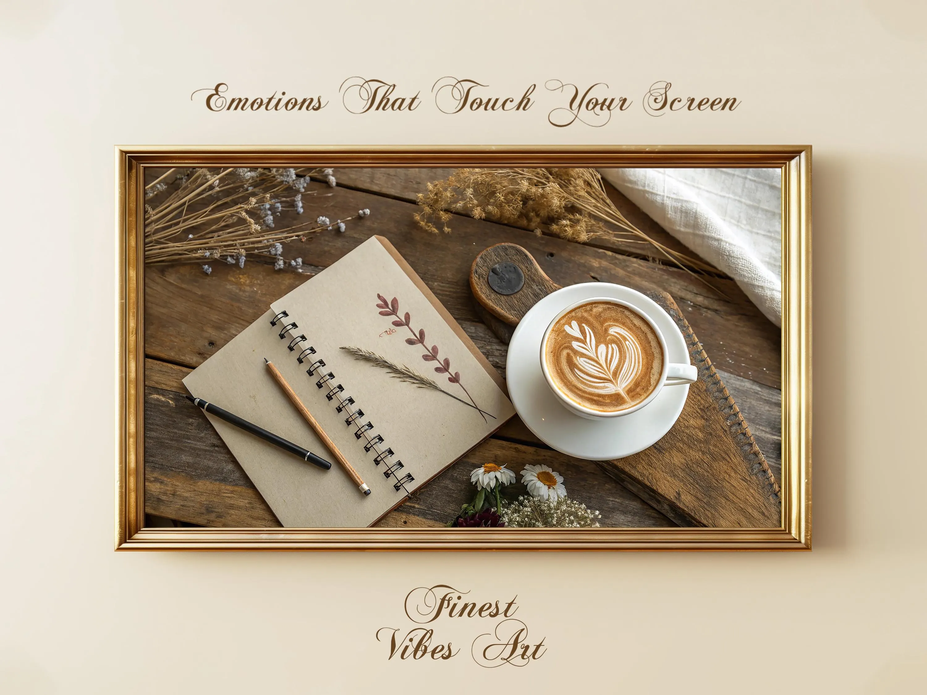 Latte and Notebook Frame TV Art, Rustic Hygge Kitchen (Digital Download)