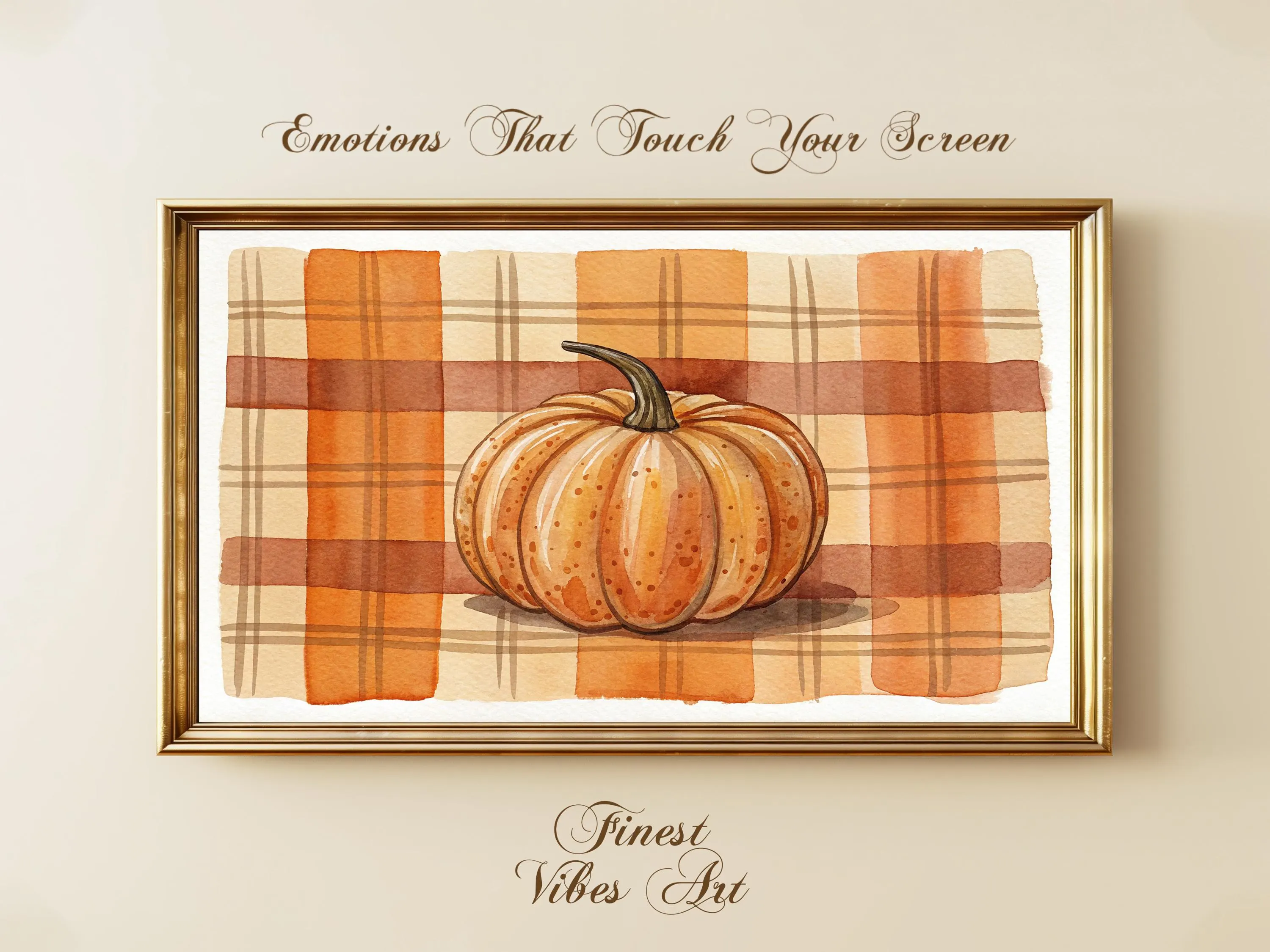 Watercolor Pumpkin Plaid Art, Rustic Fall Decor, Samsung Frame TV (Digital Download)
