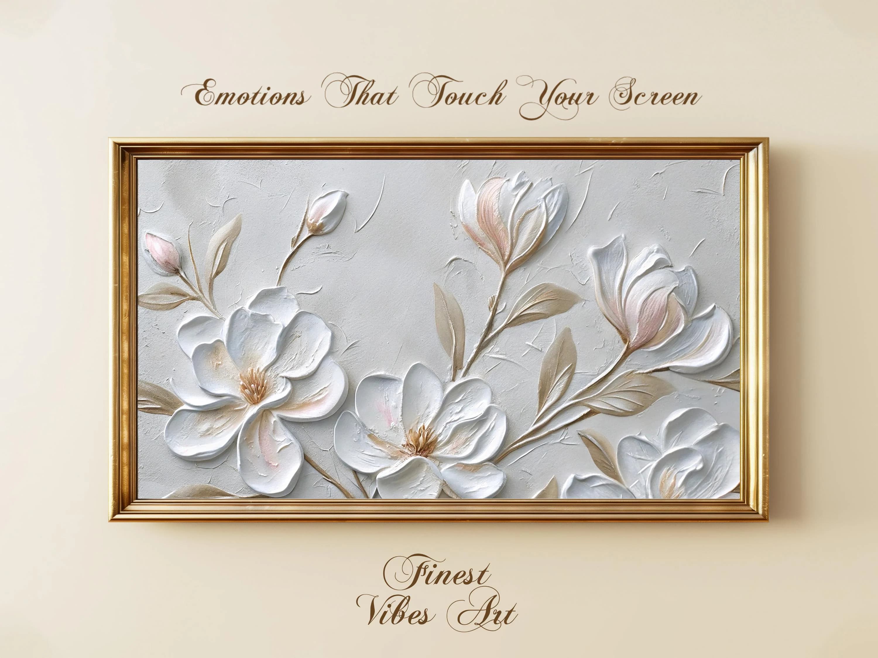 White Magnolia 3D Floral Frame TV Art: Neutral Botanical (Digital Download)