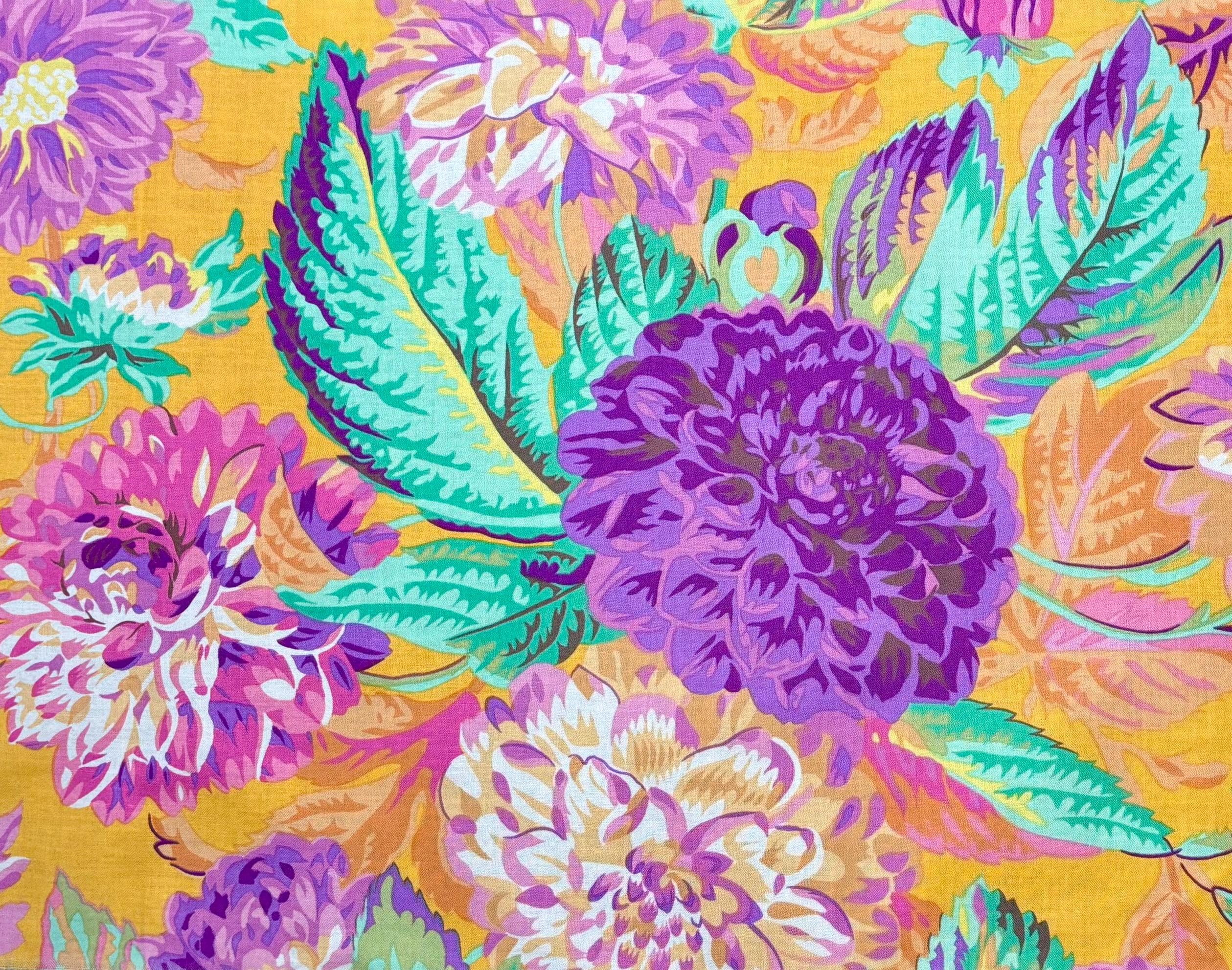 Pom Pom Dahlias gold & purple - 1/6 yard - 12" x 21.5" - Phillip Jacobs Rowan Fabrics Very Rare retired PJ38