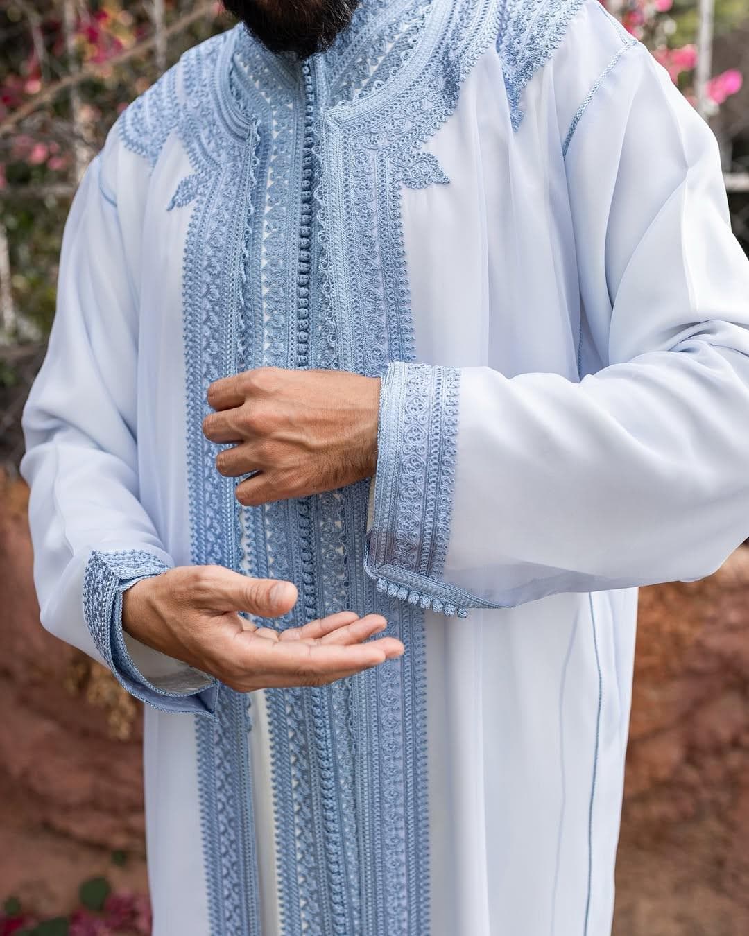 Moroccan Royal blue Handmade Traditional  3-Piece Set  Kaftan Wool for Warm Men’s Thobe  Moroccan  Qmiss - Men's Kaftan,Moroccan Kaftan - image 5