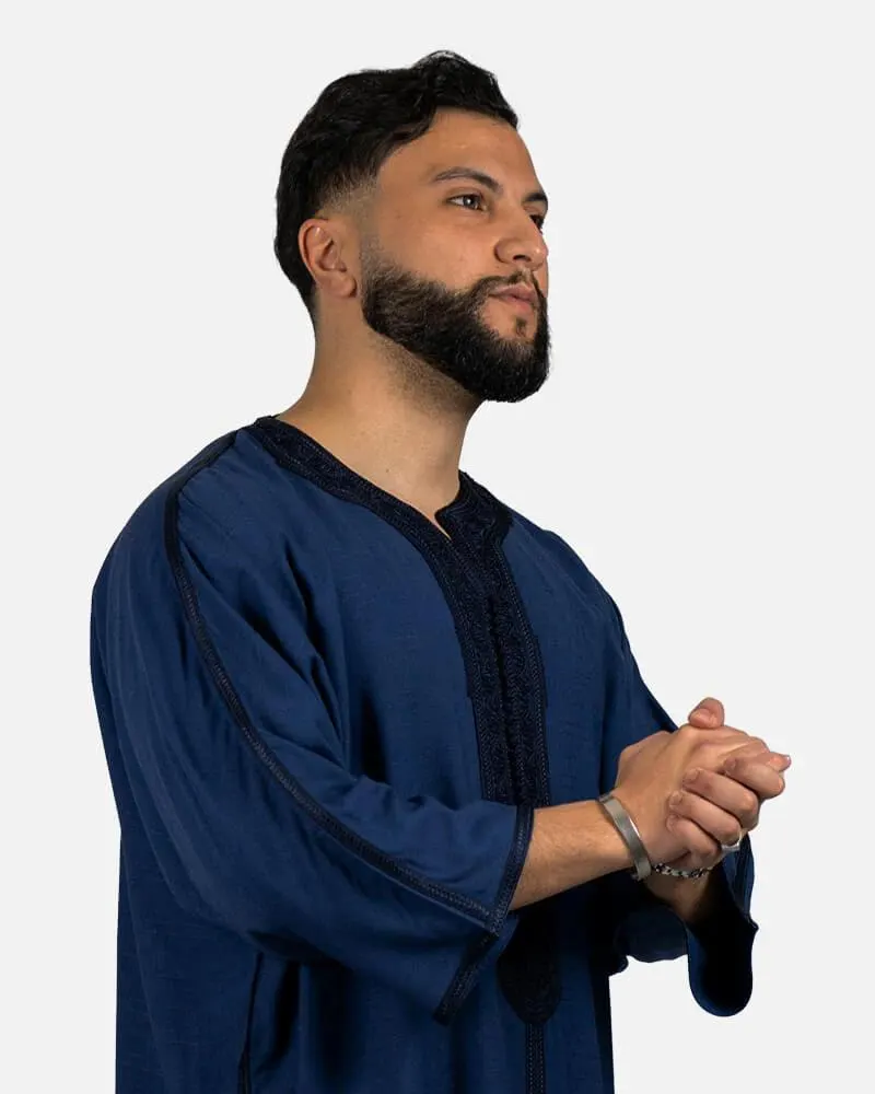 Handmade Moroccan Thobe for Men in Midnight Black Blue Gold Luxury Men's Wedding Outfit  Traditional Gandoura Kaftan blue Qamiss - image 2