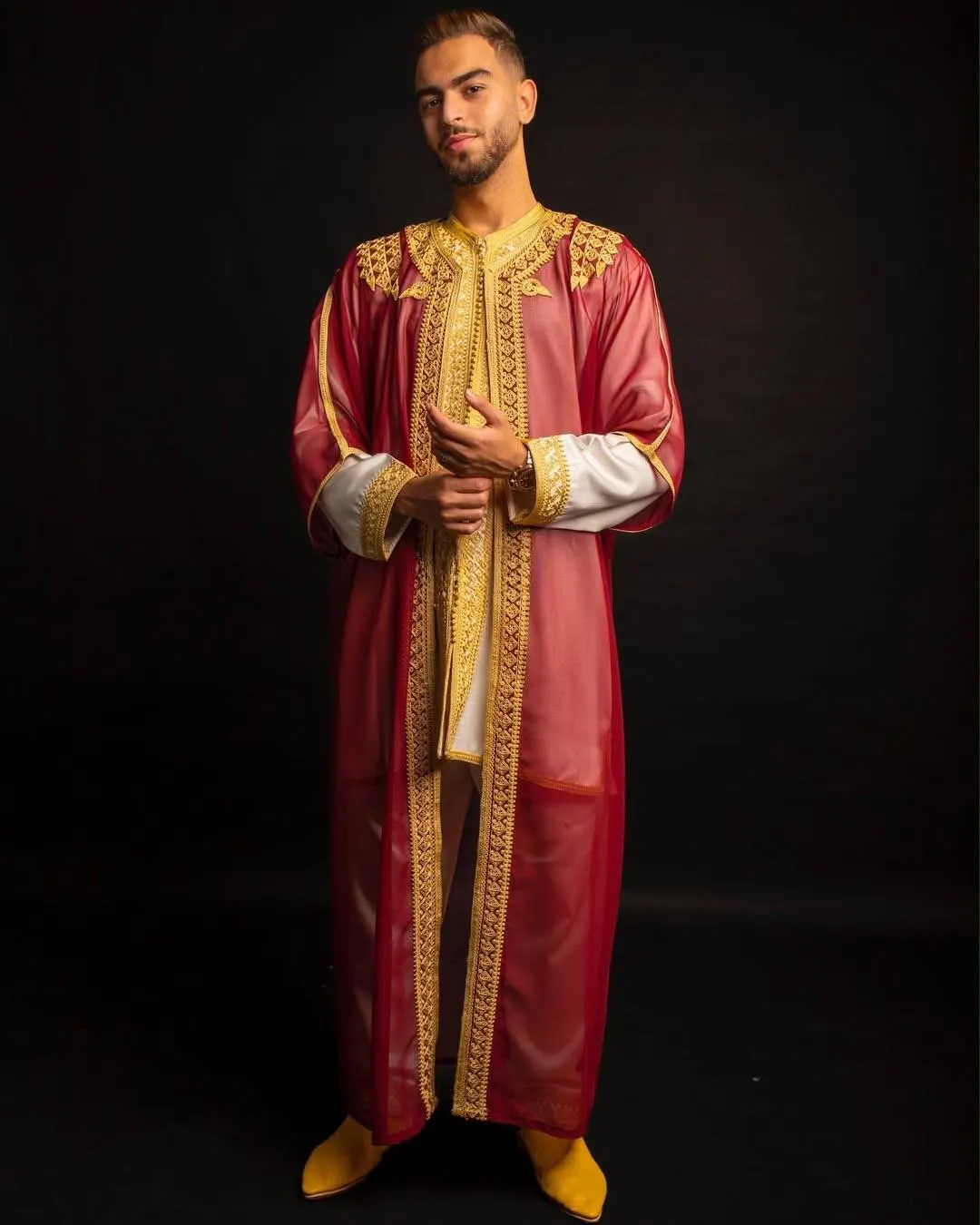Handmade Moroccan Wool Kaftan: Burgundy Gold Wedding Jabador - Eid outfit - image 2