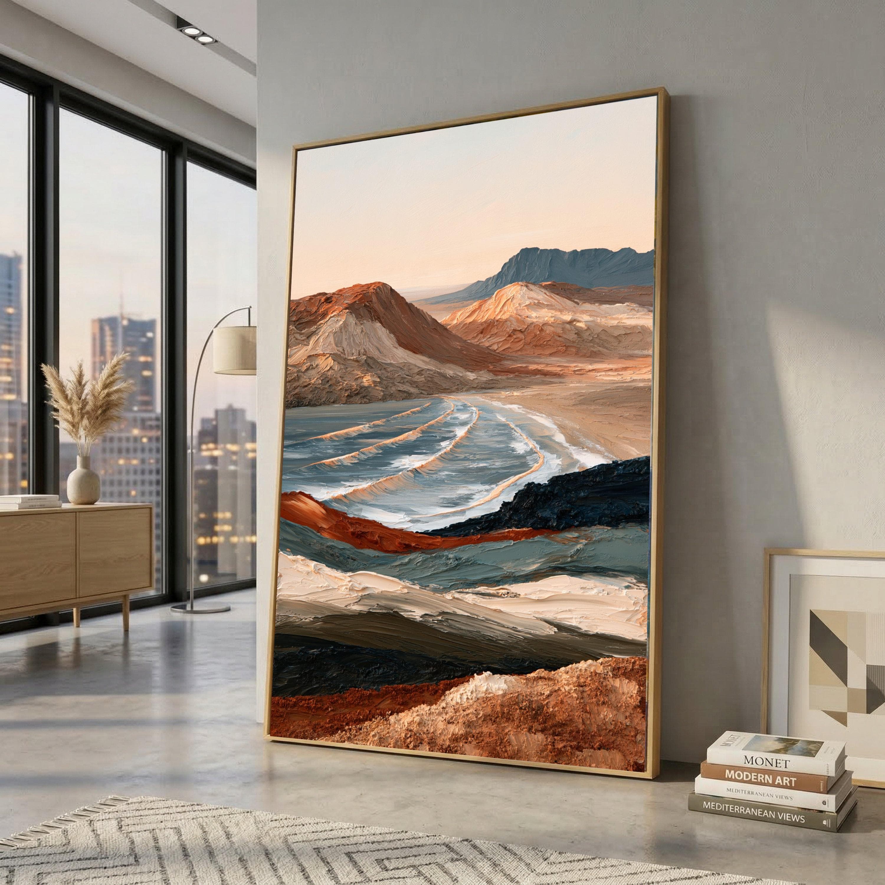 Desert Beach Landscape Canvas, Coastal Mountain Wall Art, Ocean Waves Canvas Print, Sunset Nature Scene, Home Decor Canvas Art