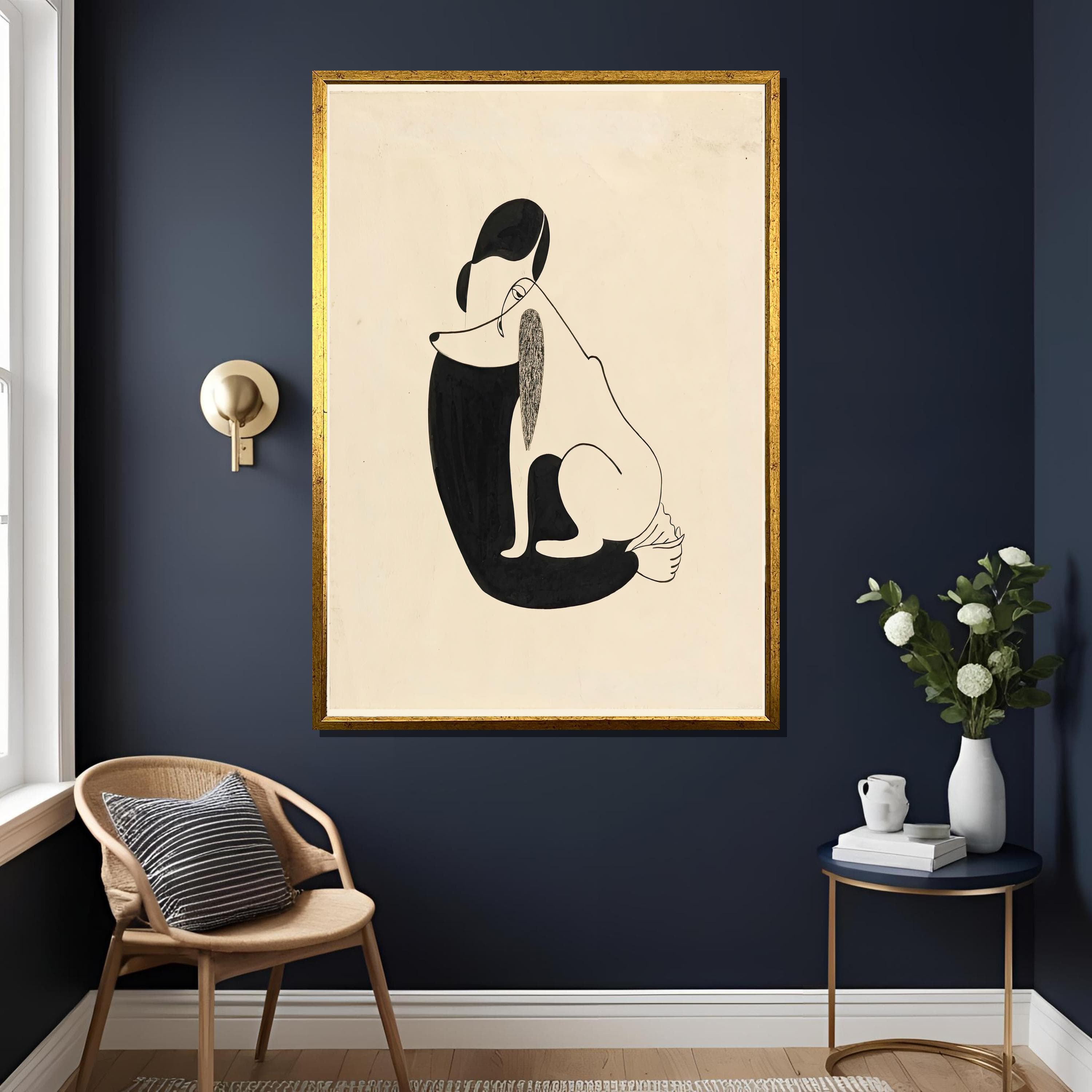 Woman and Dog Ink Illustration, Vintage Art Print, Ready to Hang Canvas
