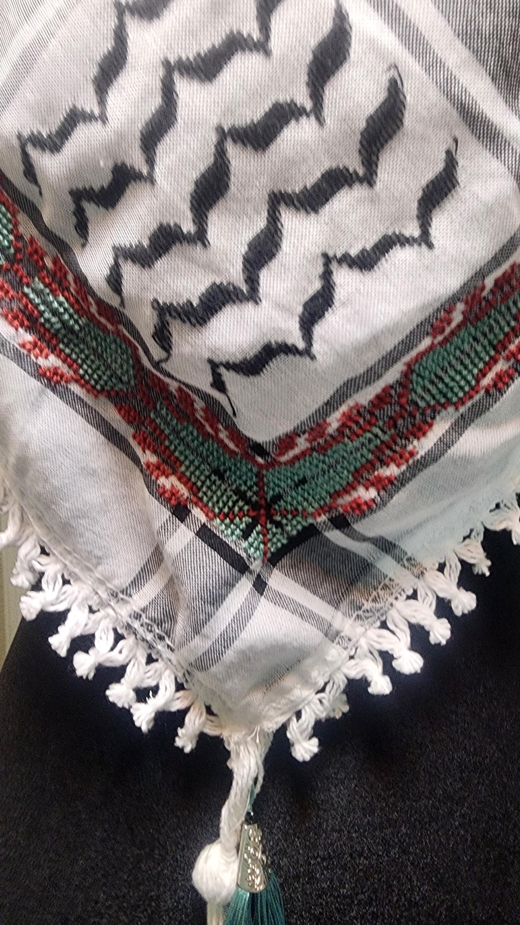 Unisex   Palestinian Keffiyeh: Embroidered Half Scarf ,  sabaleh tatreez pattern teal tatreez - image 5