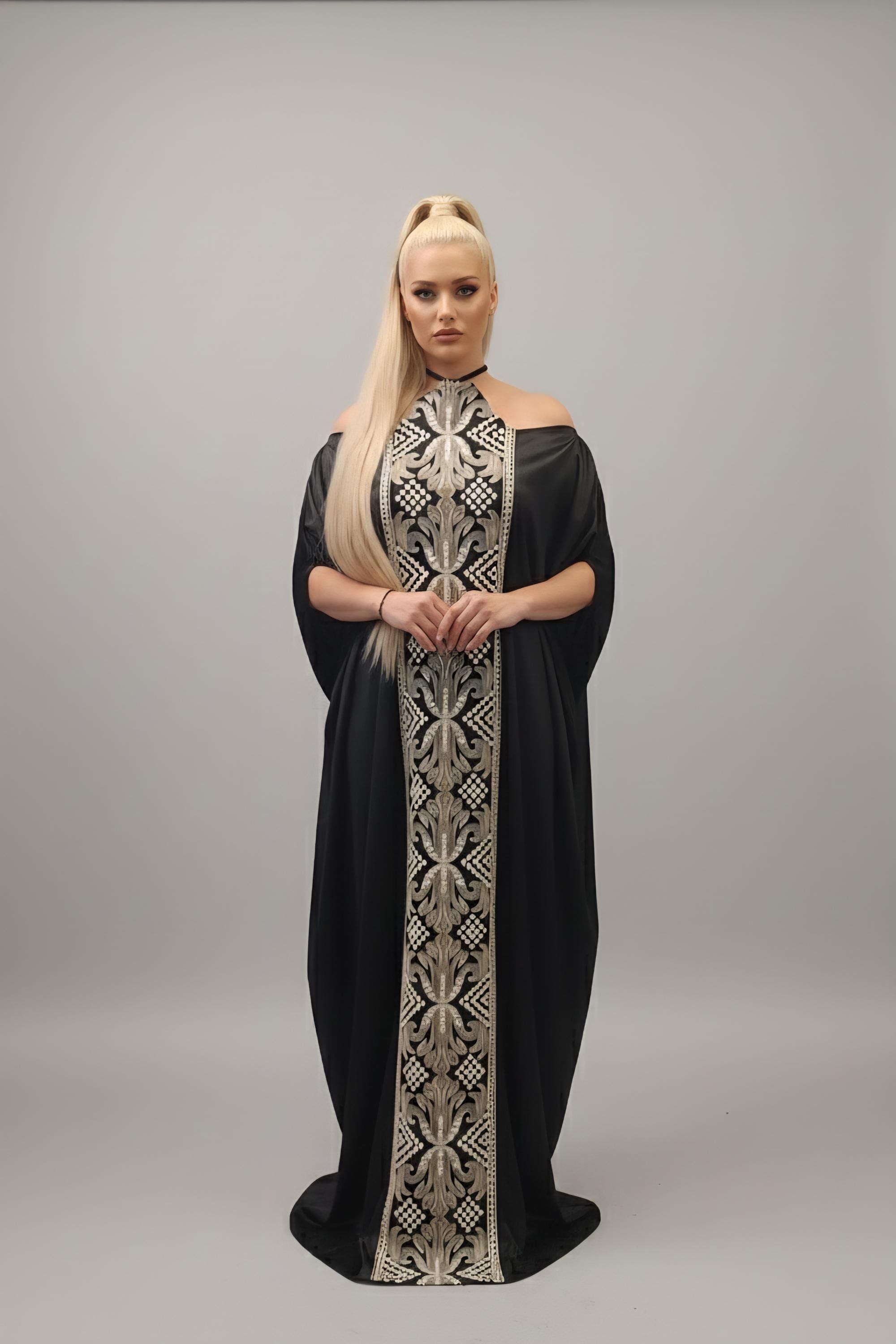 Modern Off-the-Shoulder Kaftan with gold and white embroidery - image 3