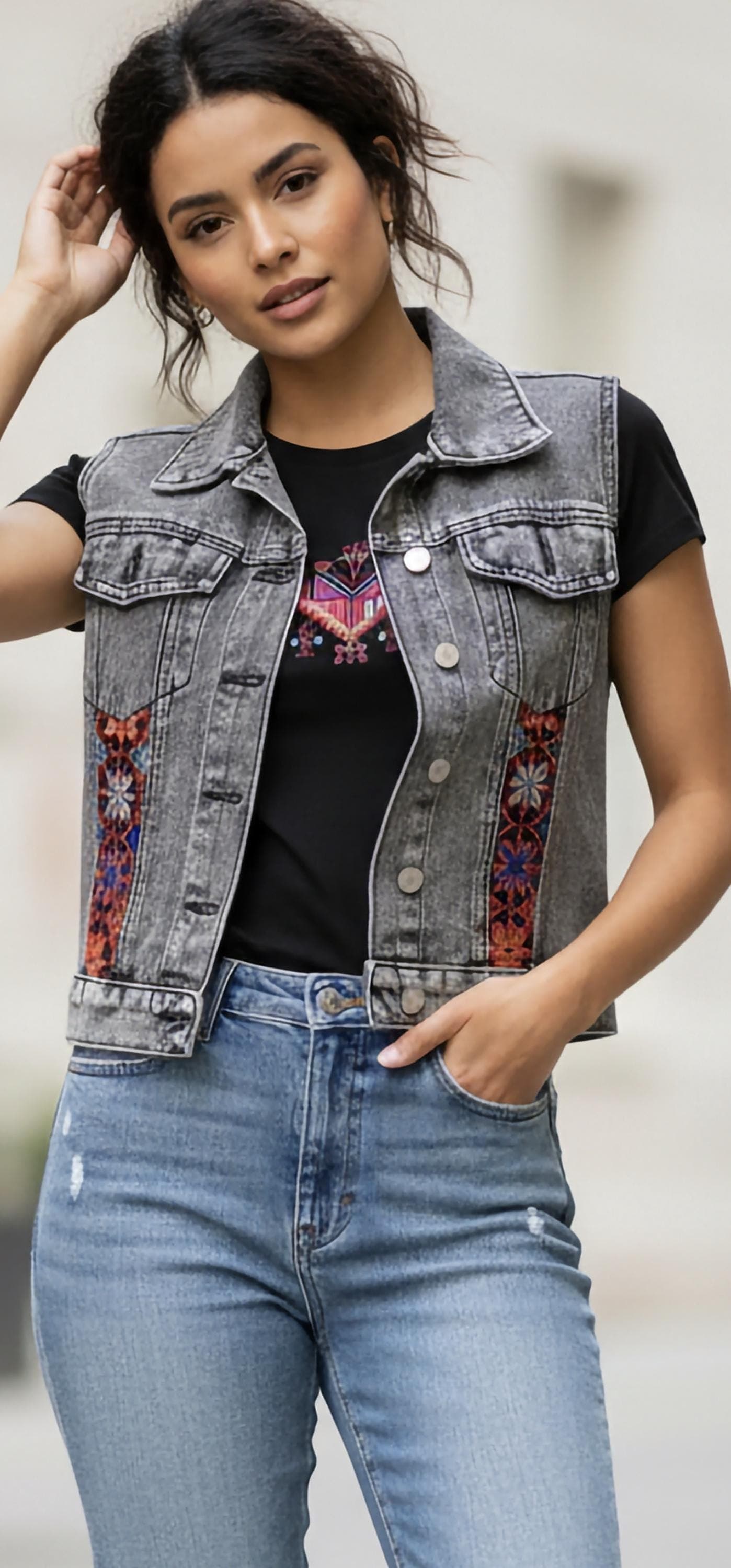 Embroidered Denim Vest: Floral Tatreez Design - Gray Wash , Machine embroidery - image 3