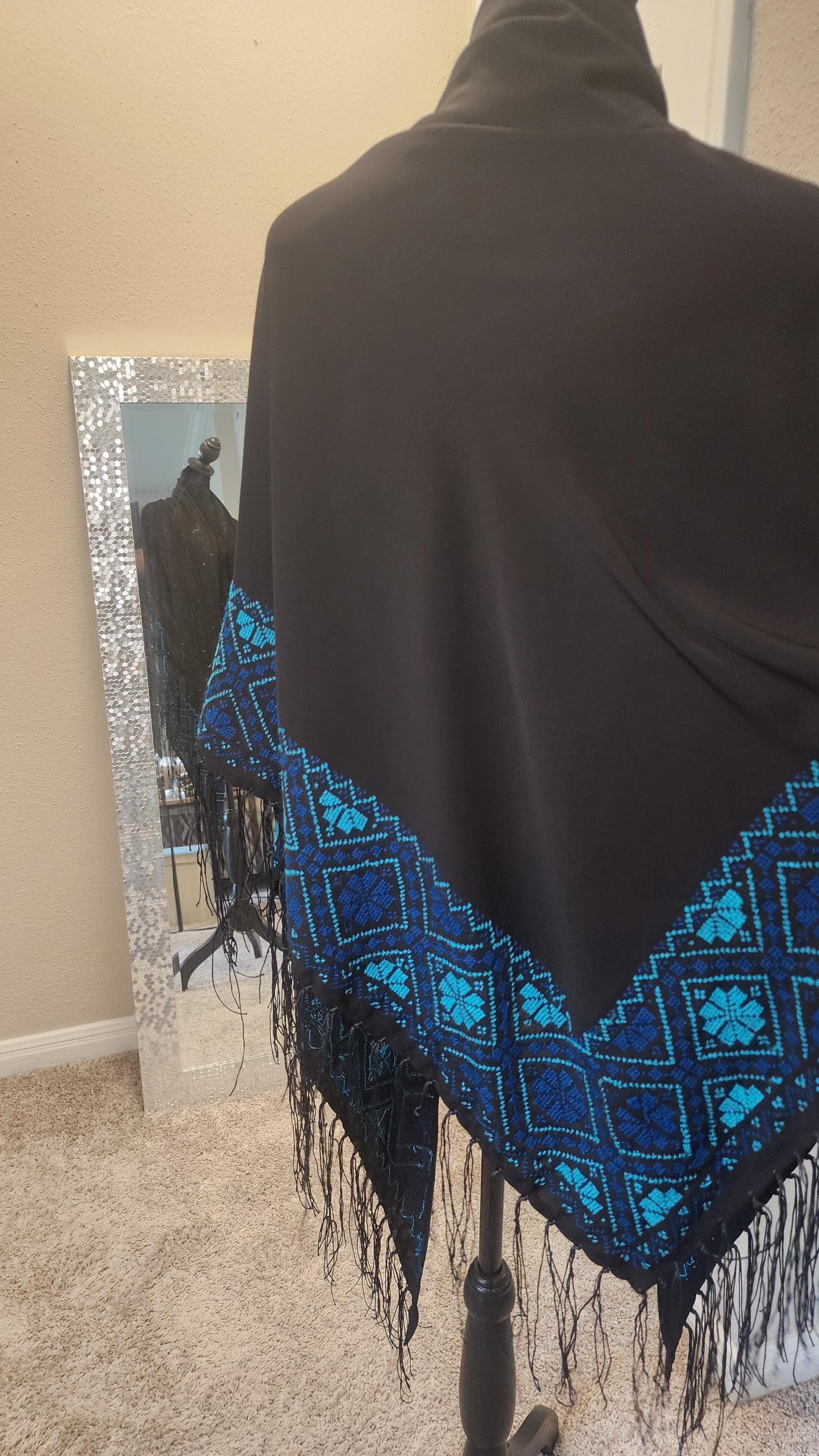 Hand-Stitched Palestinian Cross-Stitch Shawl: blue Tatreez Embroidery - image 5
