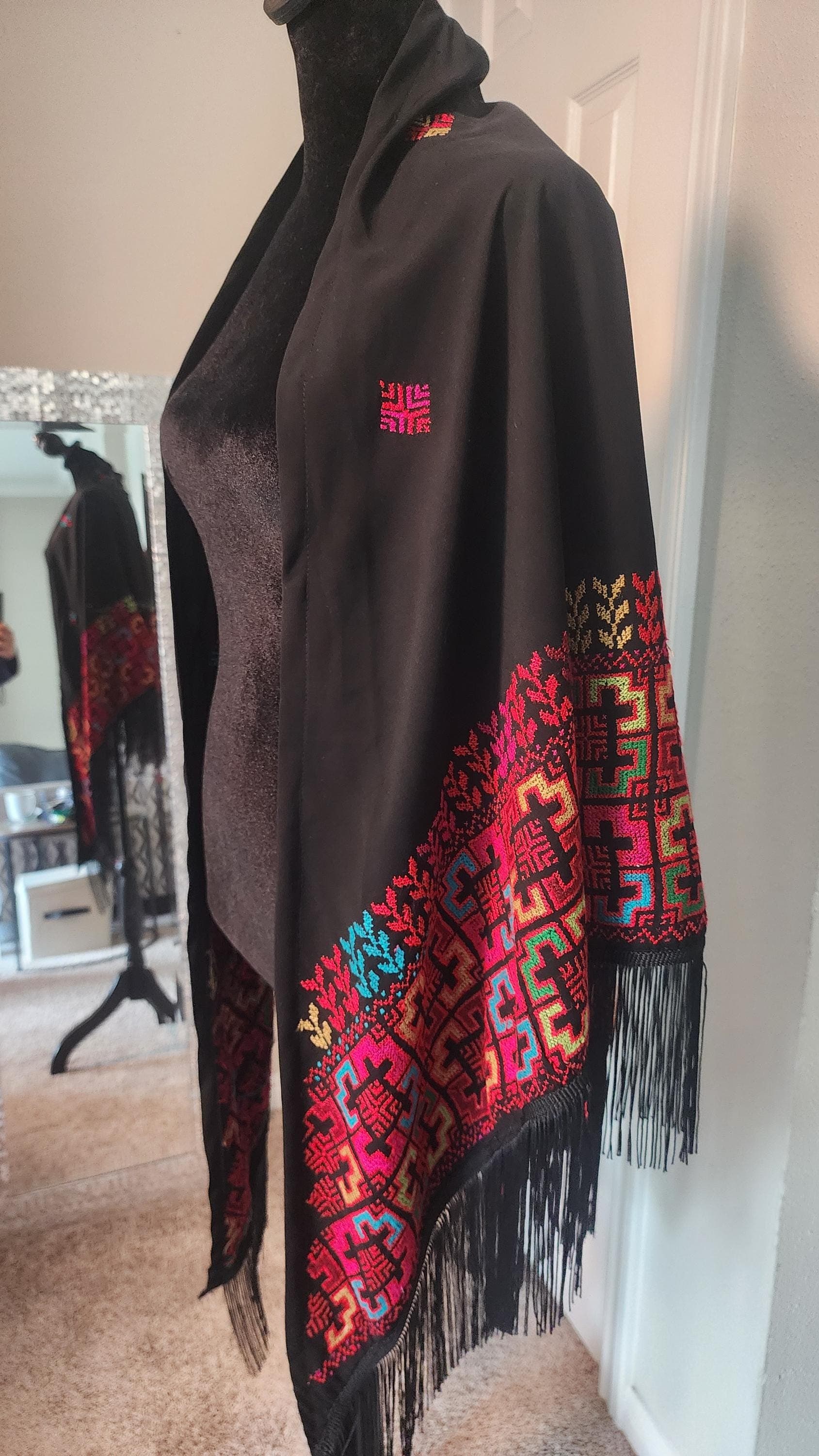 Palestinian Tatreez Embroidered Shawl | Black Arabic Scarf with Fringe - image 3