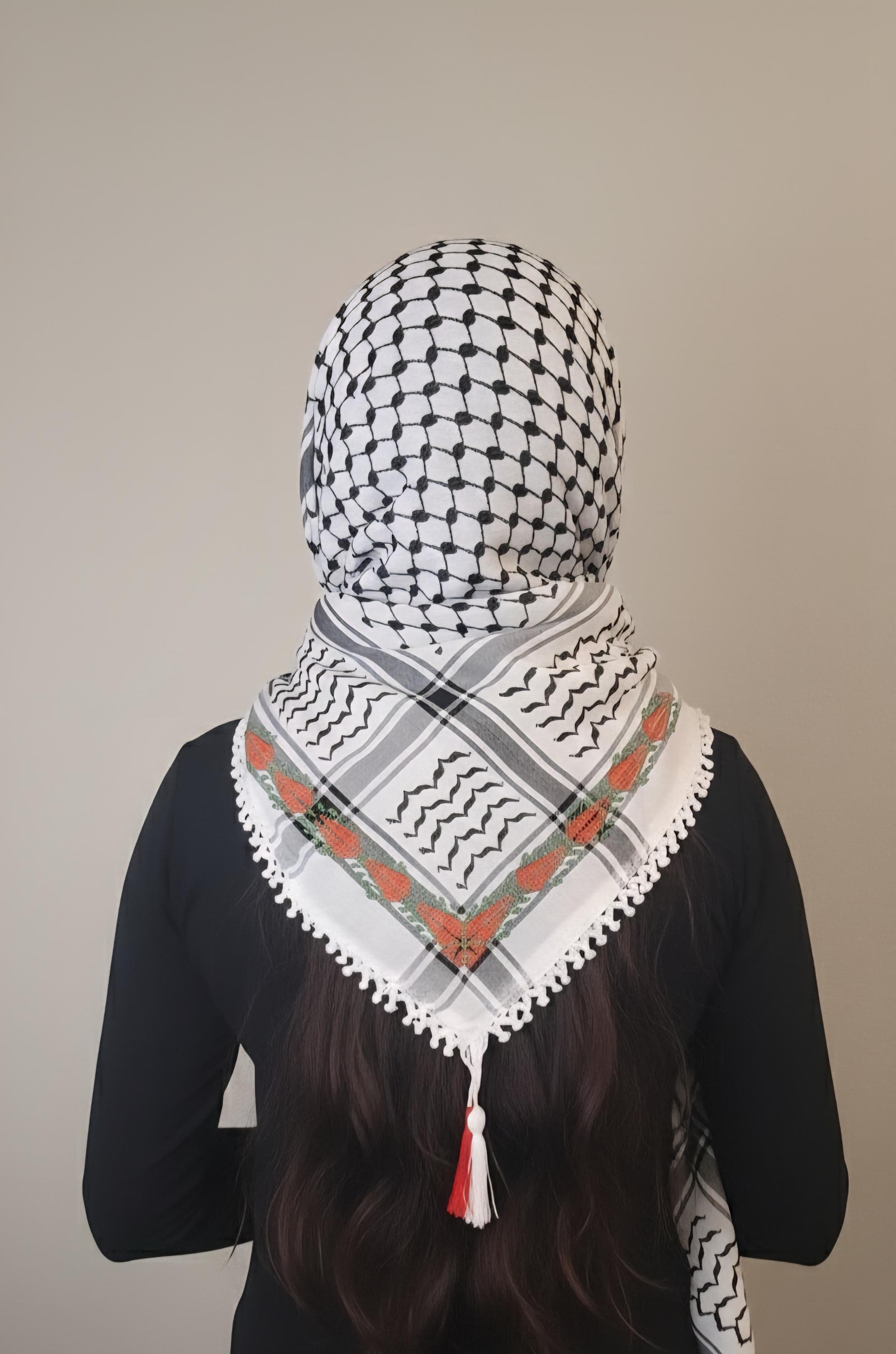 Unisex   Palestinian Keffiyeh: Embroidered Half Scarf ,  sabaleh tatreez pattern dark orange tatreez