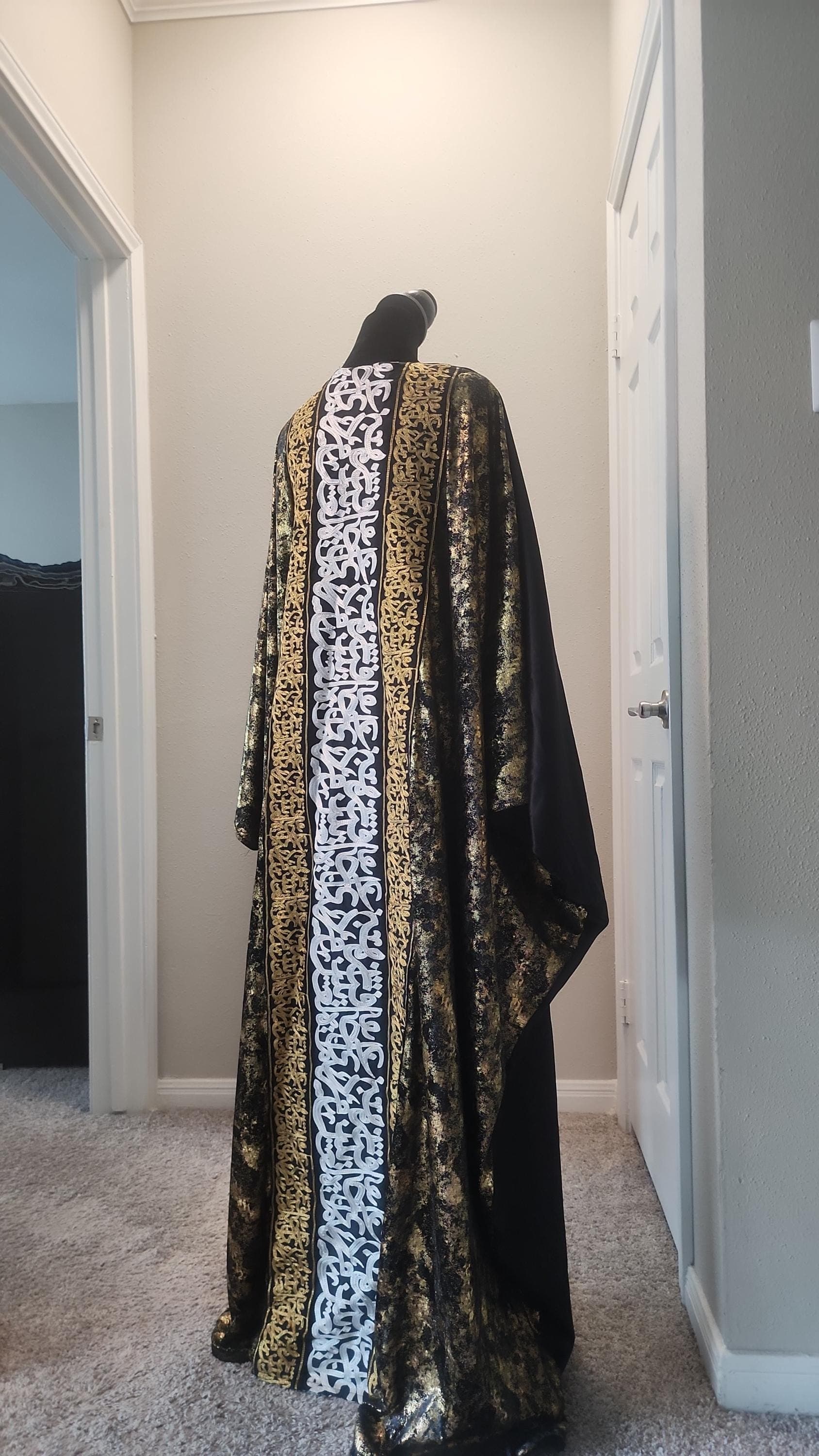 Black Satin Gold Calligraphy Kimono Abaya | Metallic Tie-Dye Kaftan Robe. - image 4