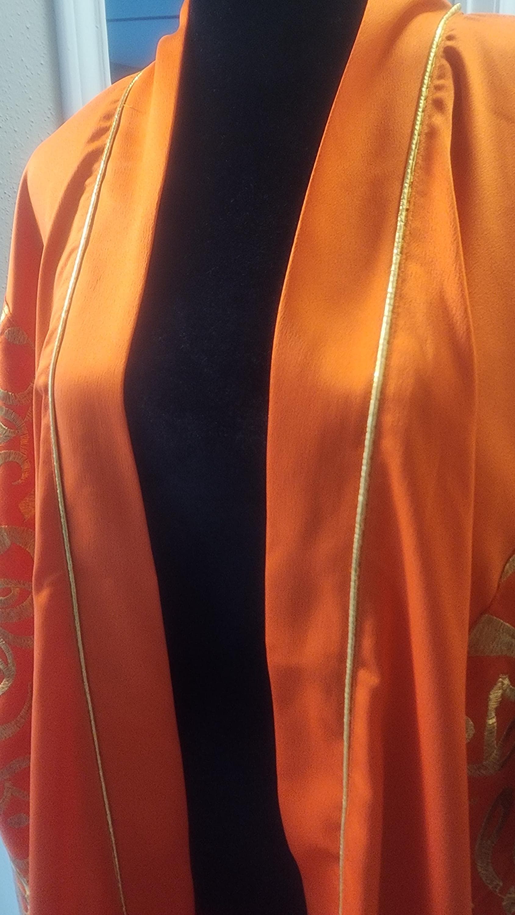Satin Orange  Abaya robe , Middle Eastern Ethnic Wear with embroidery  Arabic calligraphy - image 5