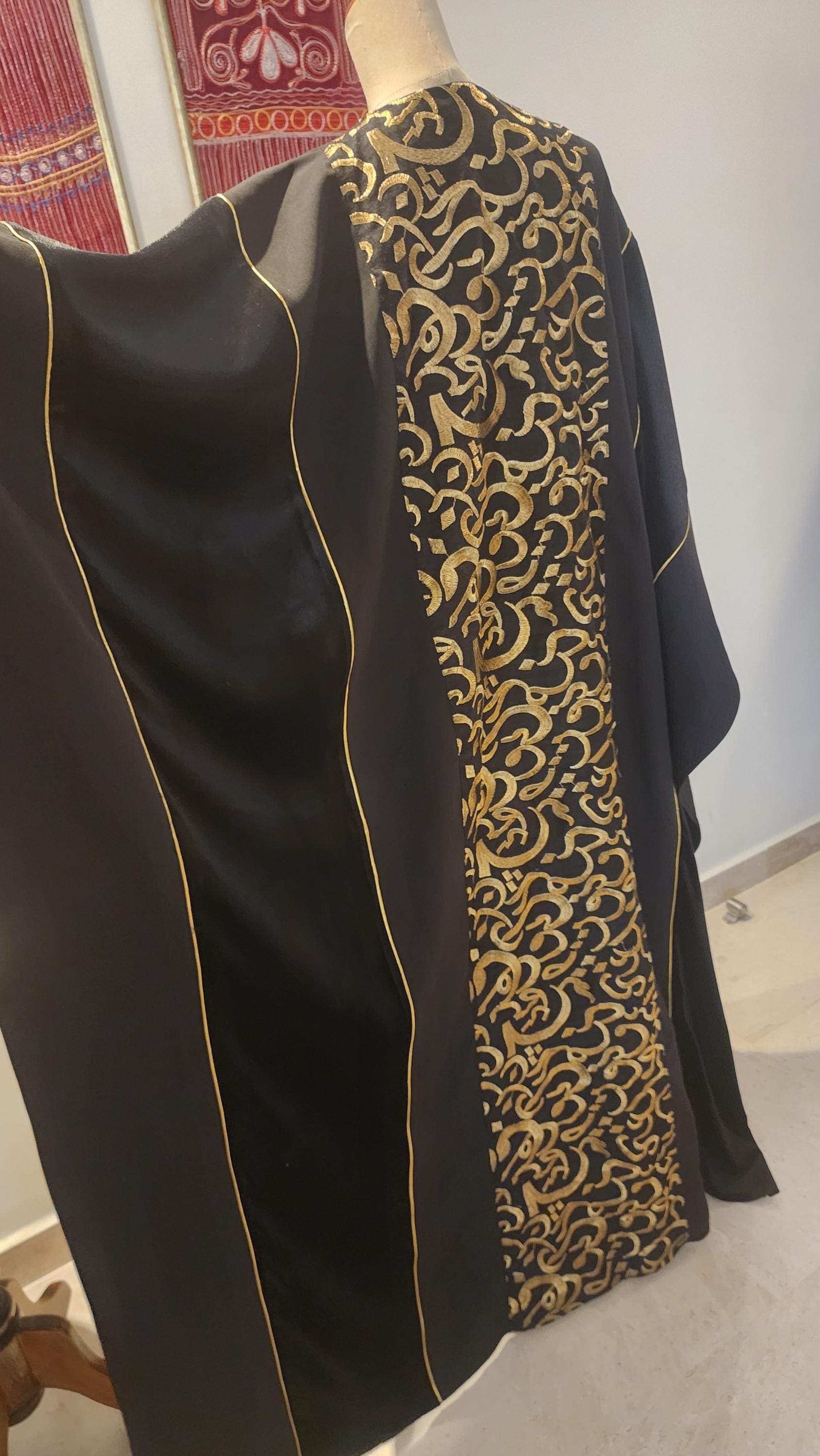 Black Velvet Abaya, Gold Arabic Calligraphy Embroidered Kimono Robe Duster (Length 53.5") - image 4