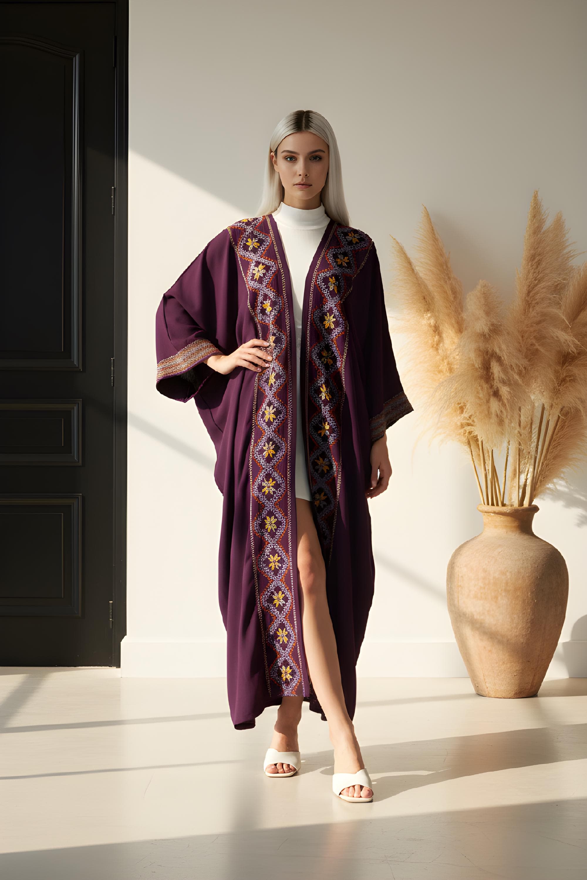 Hand Embroidered Kaftan - Purple Tatreez Kimono, Palestinian Abaya