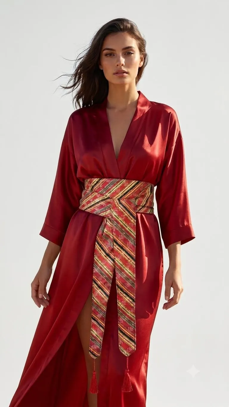 Handcrafted Palestinian Saya Belt: Striped Satin Kimono wrap belt thobe belt