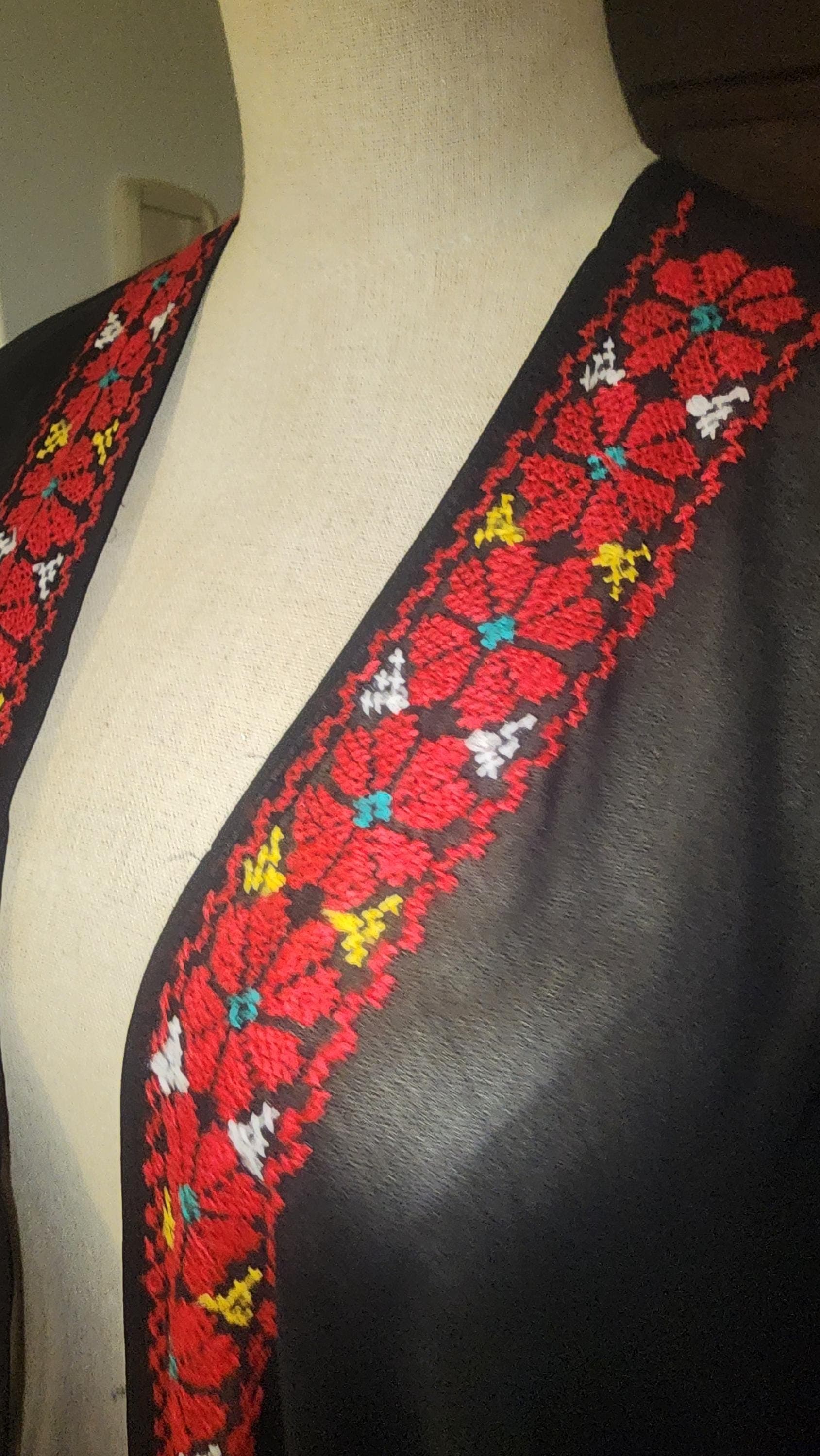 Hand Embroidered Palestinian Tatreez Cape: Heritage Abaya Shawl chiffon with red tatreez - image 3