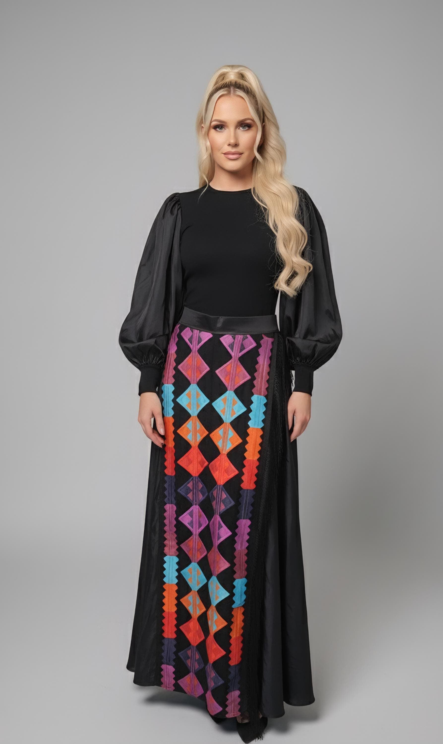 Tall high waist flare party womans oversized hem skirt with  embroidery and fringes
