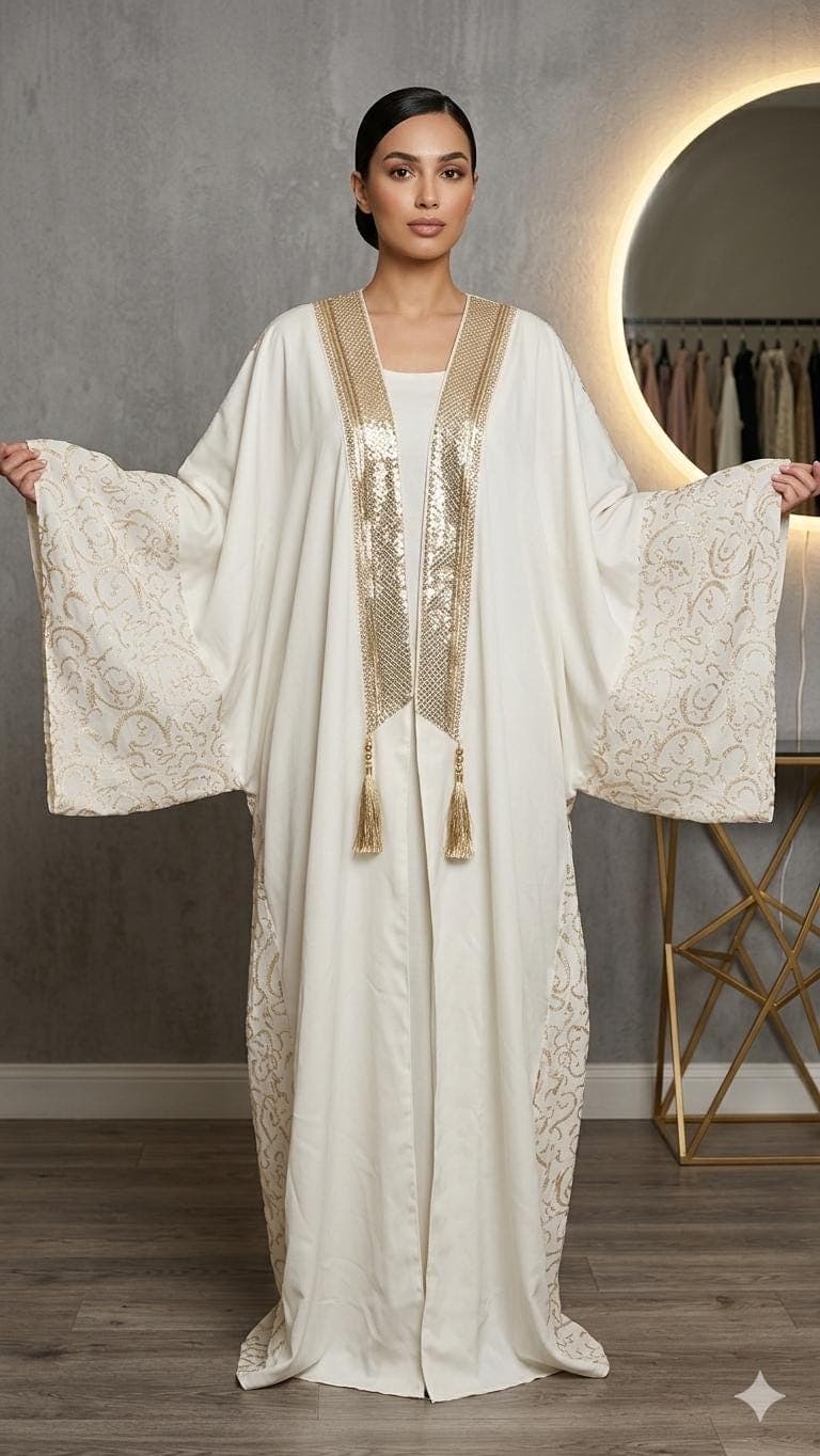 White Satin Abaya Kimono Duster: Gold arabic calligraphy Embroidery, Modest Luxury Cover-up