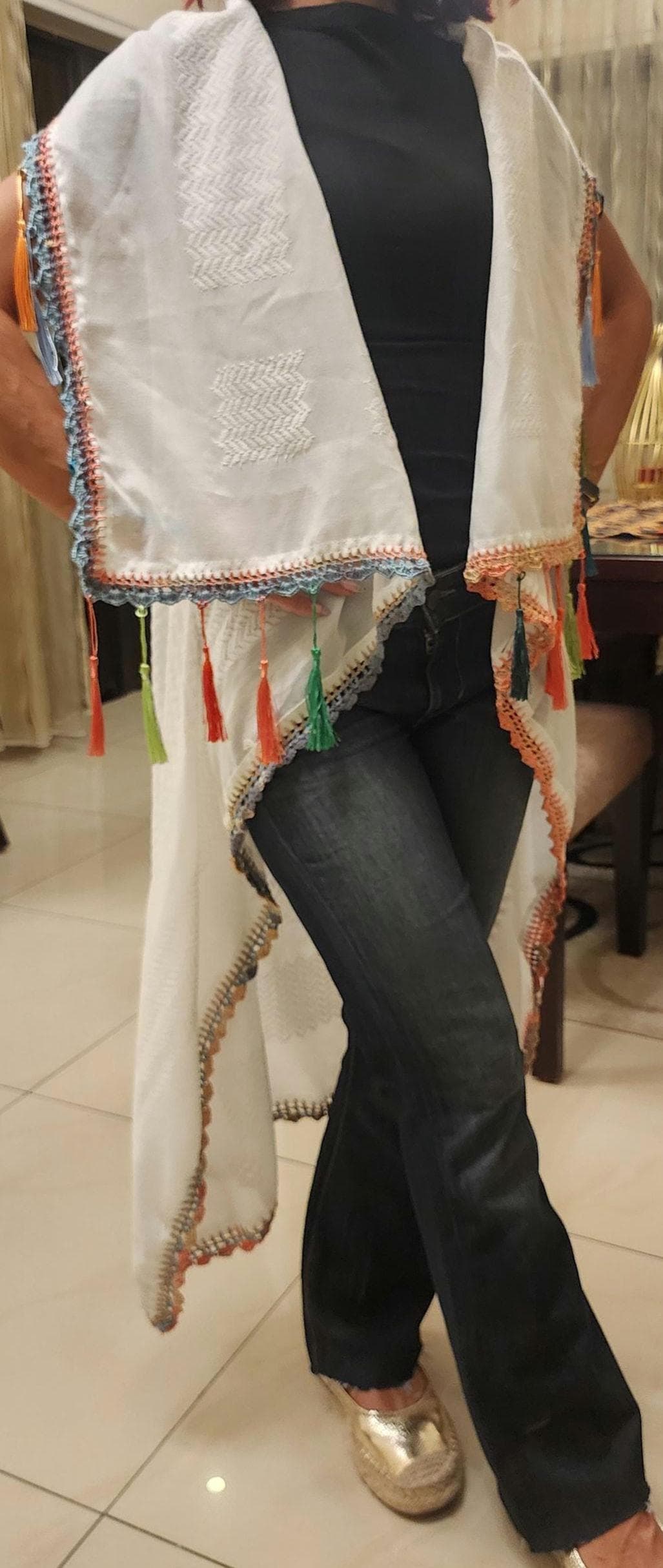 Keffiyeh Fabric Duster Vest with Bohemian Crochet Accents - image 4