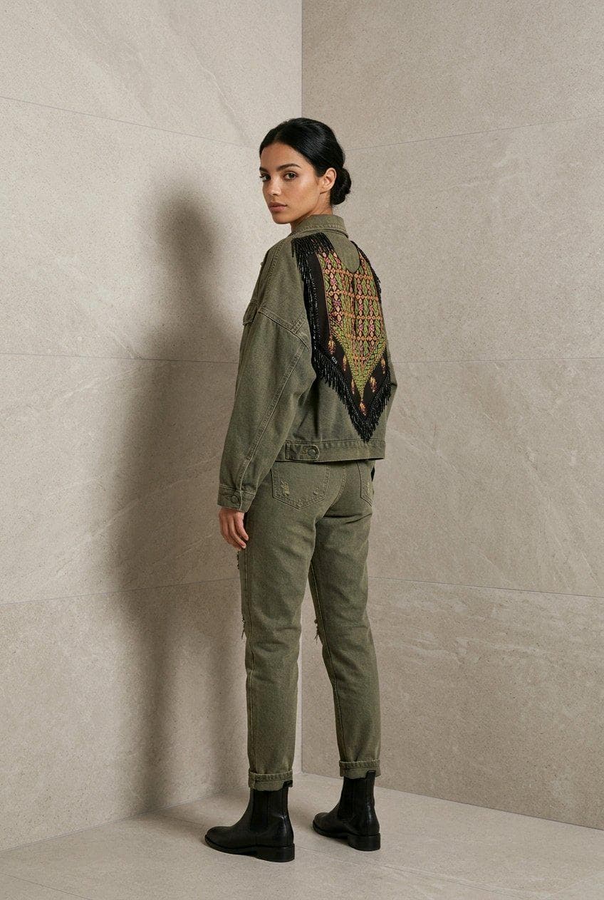 Repurposed Denim Jacket with Vintage Palestinian Thobe Embroidery – Hand-Stitched Heritage Piece