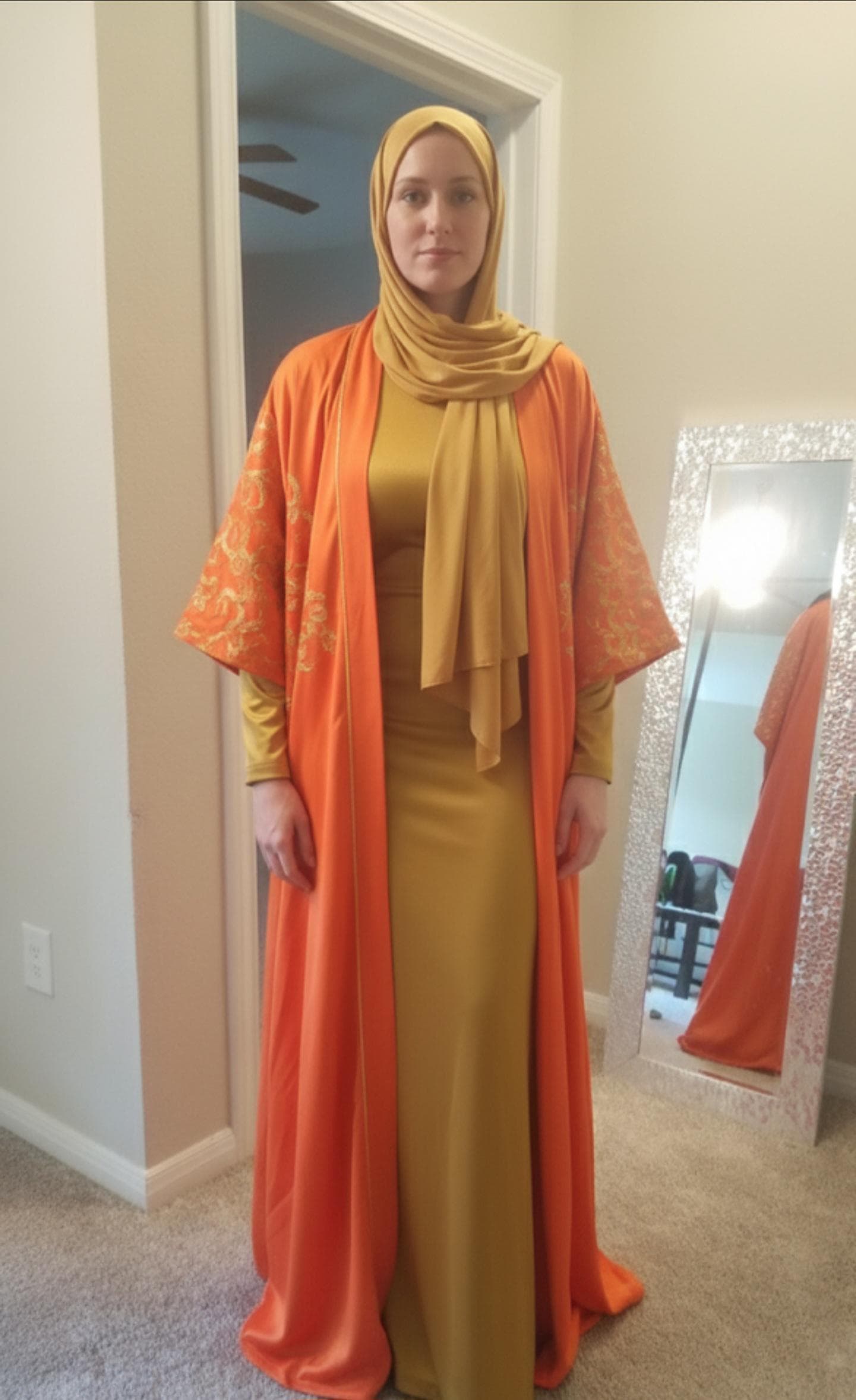 Satin Orange  Abaya robe , Middle Eastern Ethnic Wear with embroidery  Arabic calligraphy - image 3