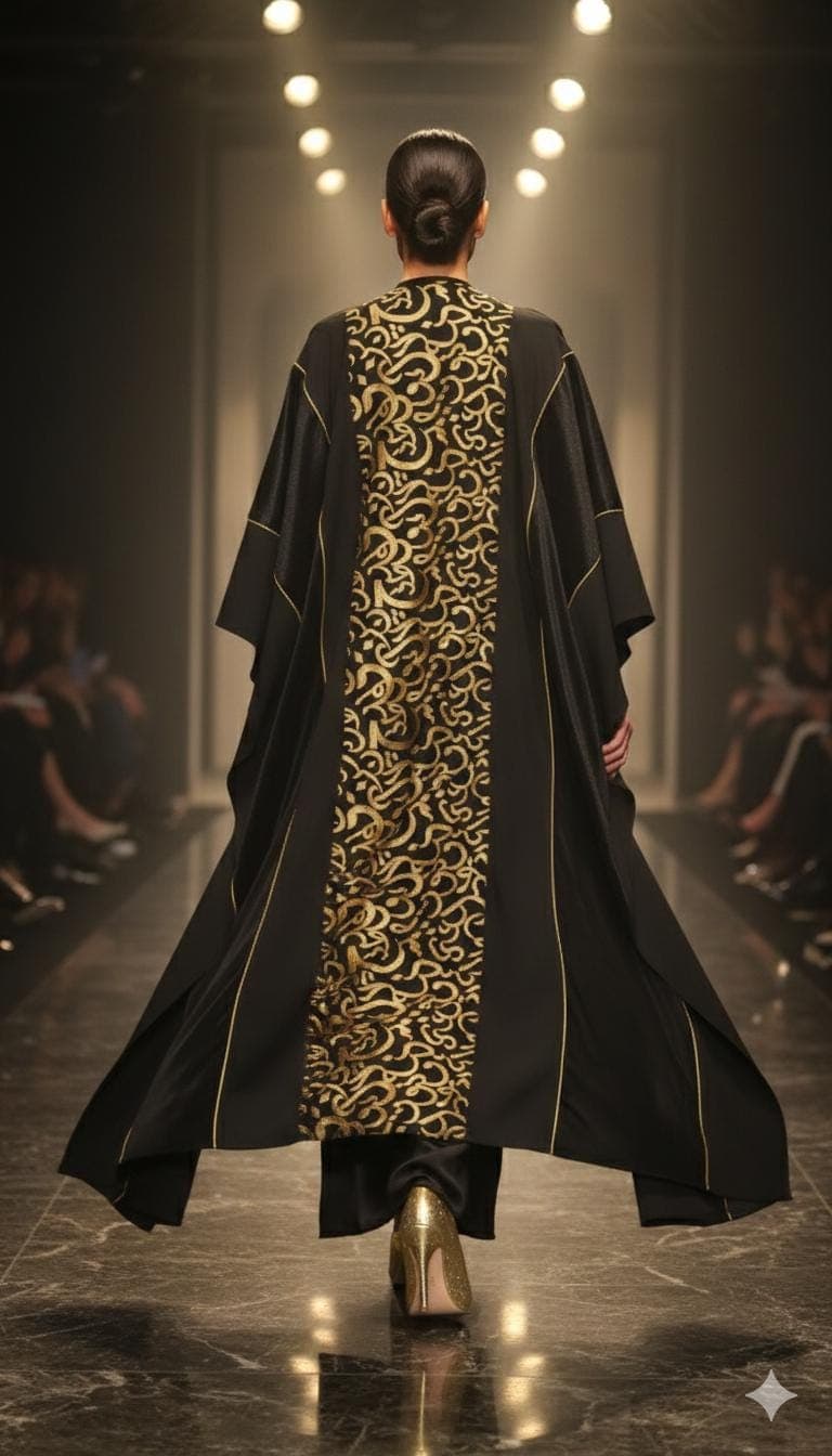Black Velvet Abaya, Gold Arabic Calligraphy Embroidered Kimono Robe Duster (Length 53.5")