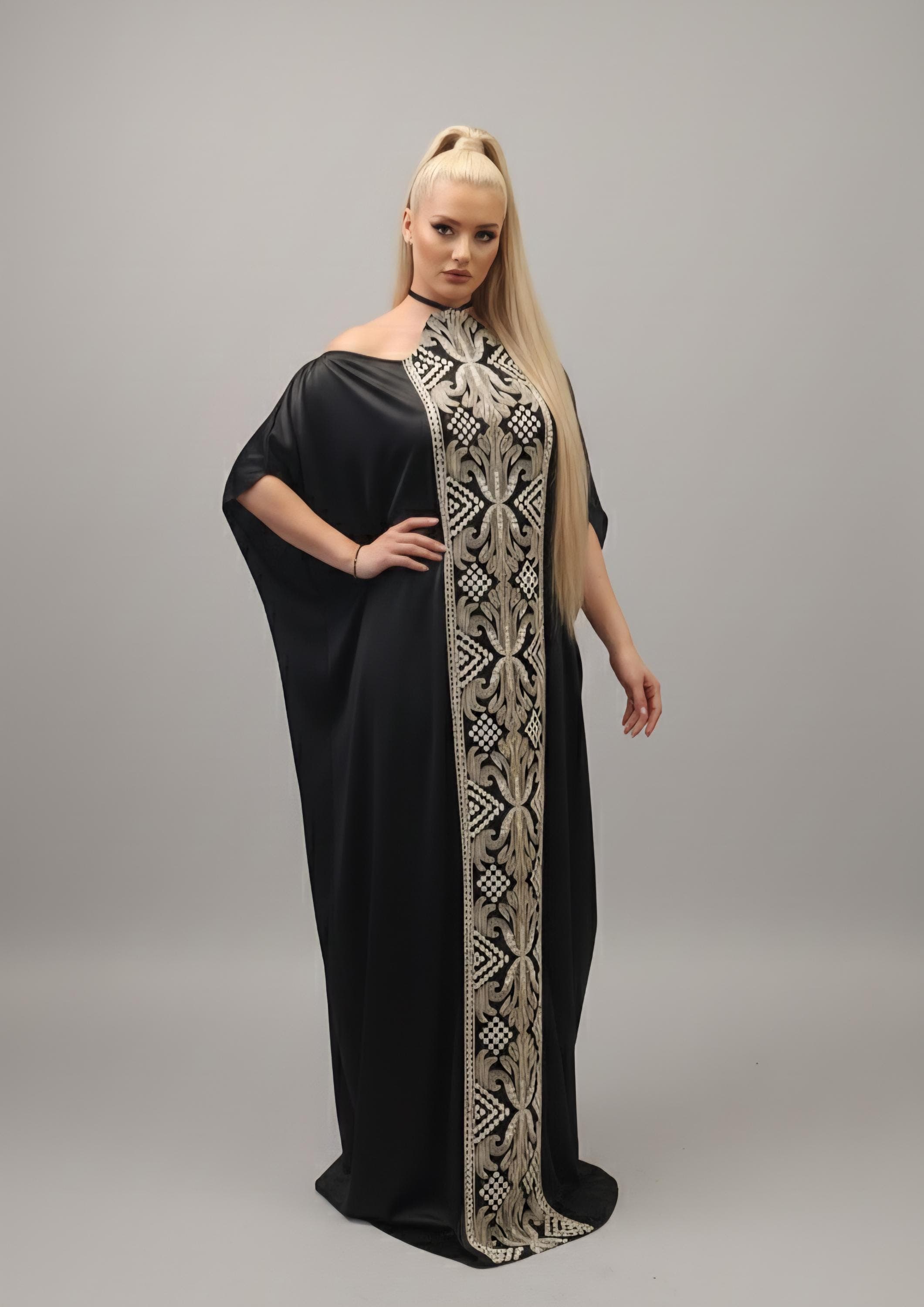 Modern Off-the-Shoulder Kaftan with gold and white embroidery