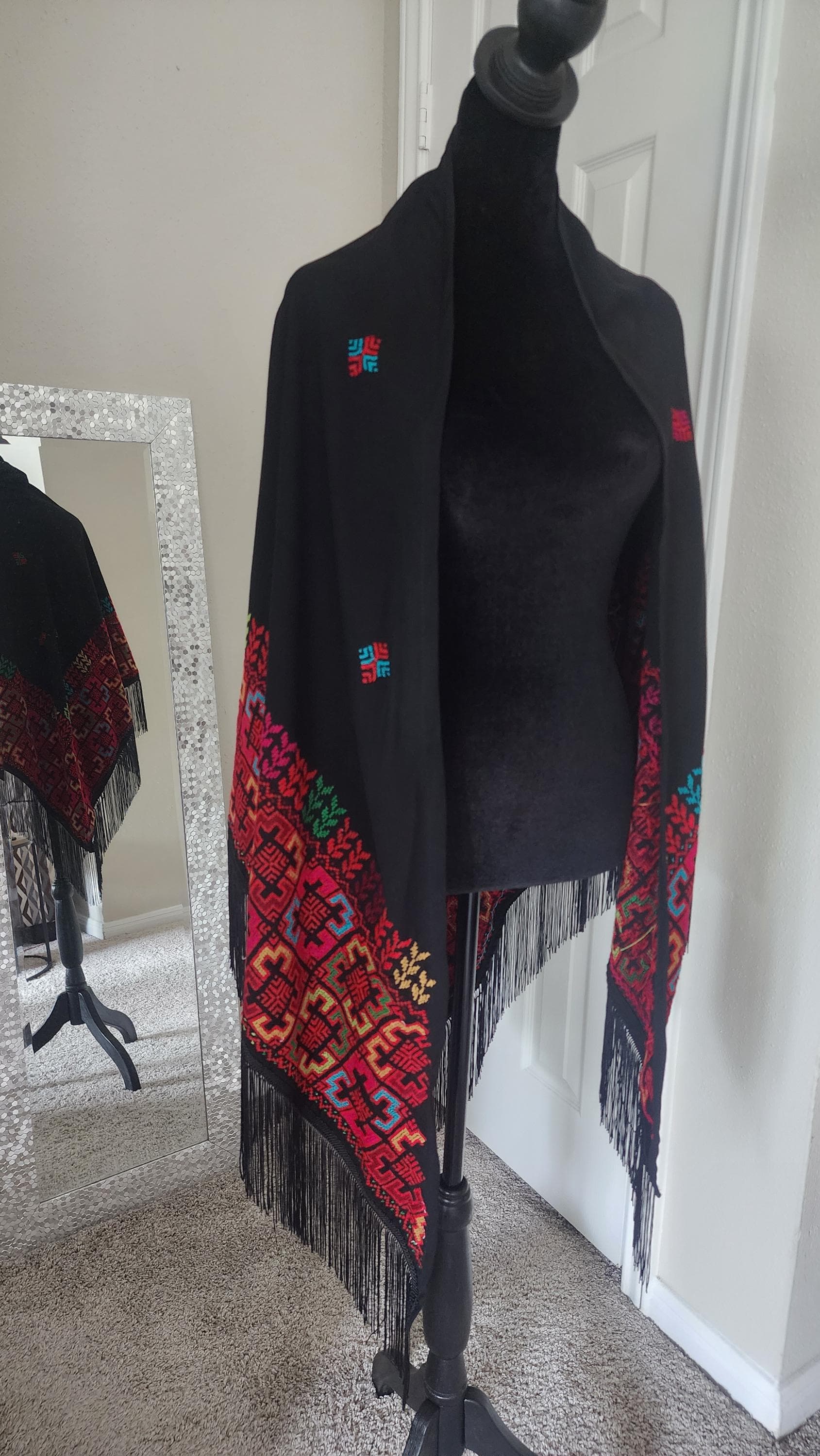 Palestinian Tatreez Embroidered Shawl | Black Arabic Scarf with Fringe - image 2