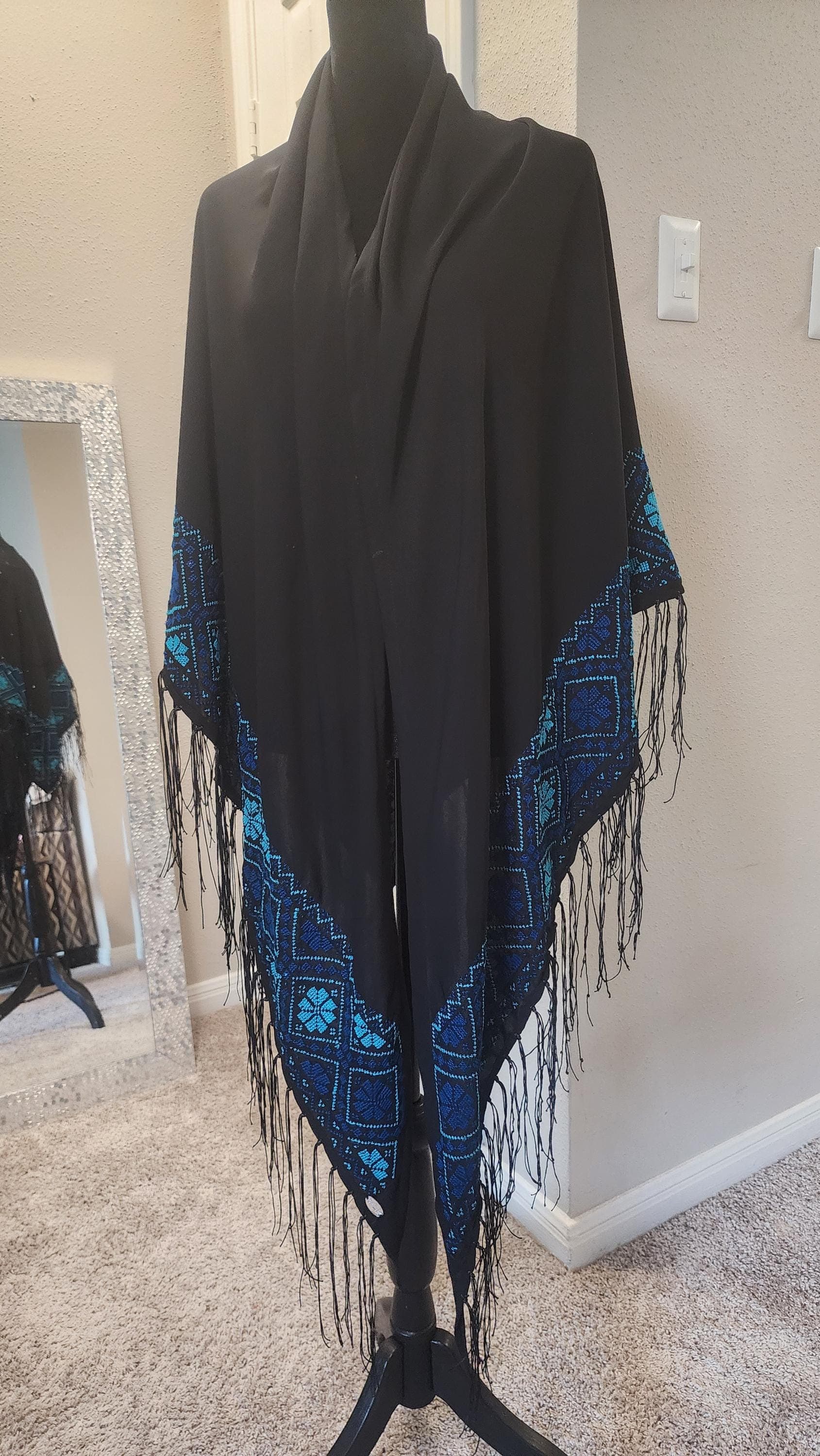 Hand-Stitched Palestinian Cross-Stitch Shawl: blue Tatreez Embroidery - image 3