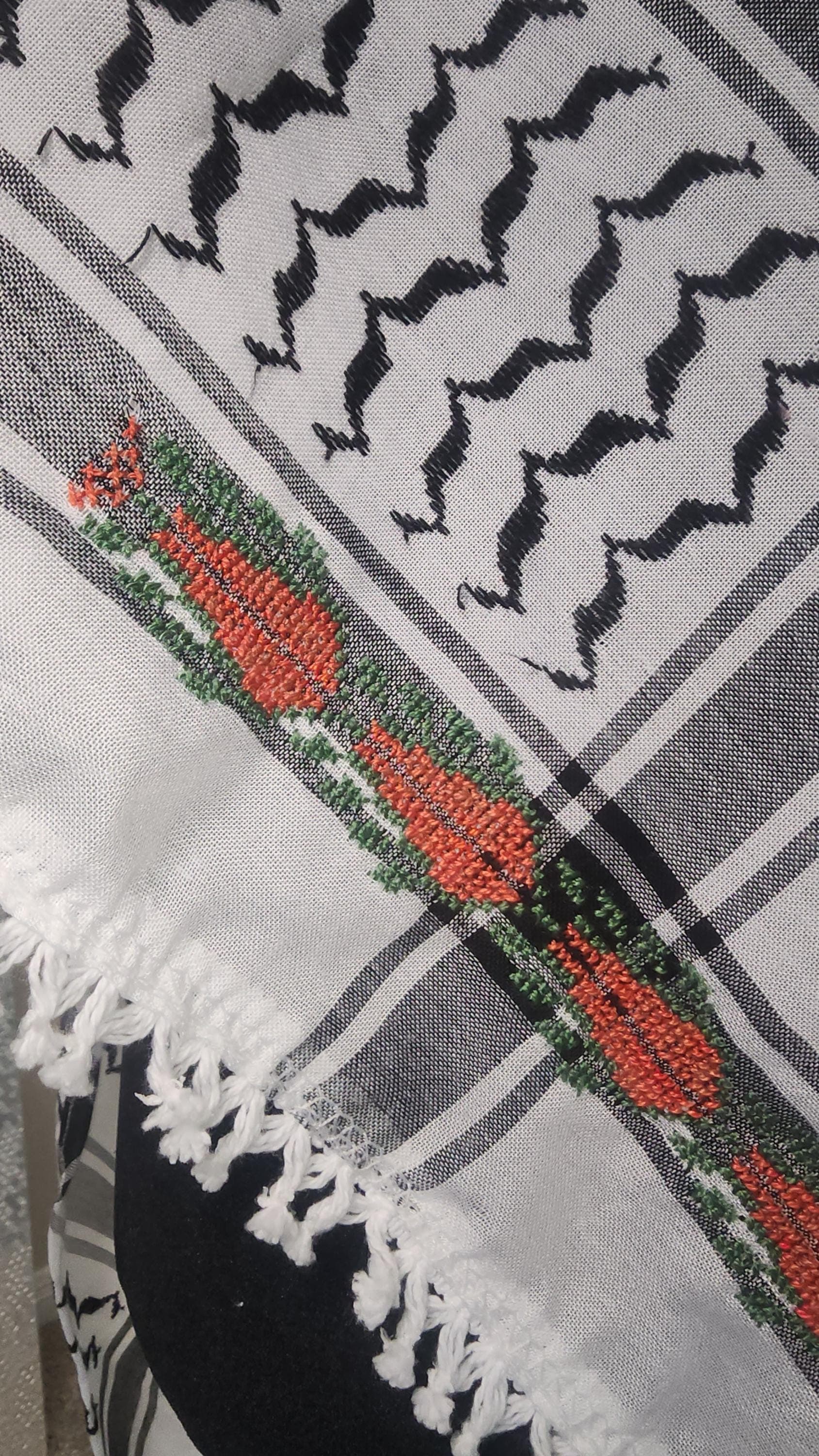Unisex   Palestinian Keffiyeh: Embroidered Half Scarf ,  sabaleh tatreez pattern dark orange tatreez - image 4