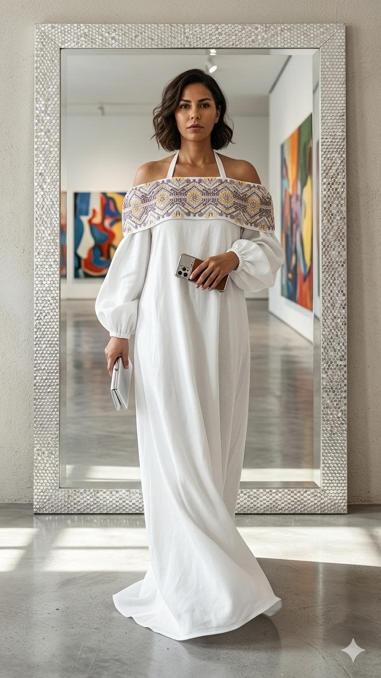 Luxury Linen Maxi Dress -Beaded Neckline – Versatile Off-Shoulder Boho Gown – White Resort Wear Caftan – Convertible Halter - image 4