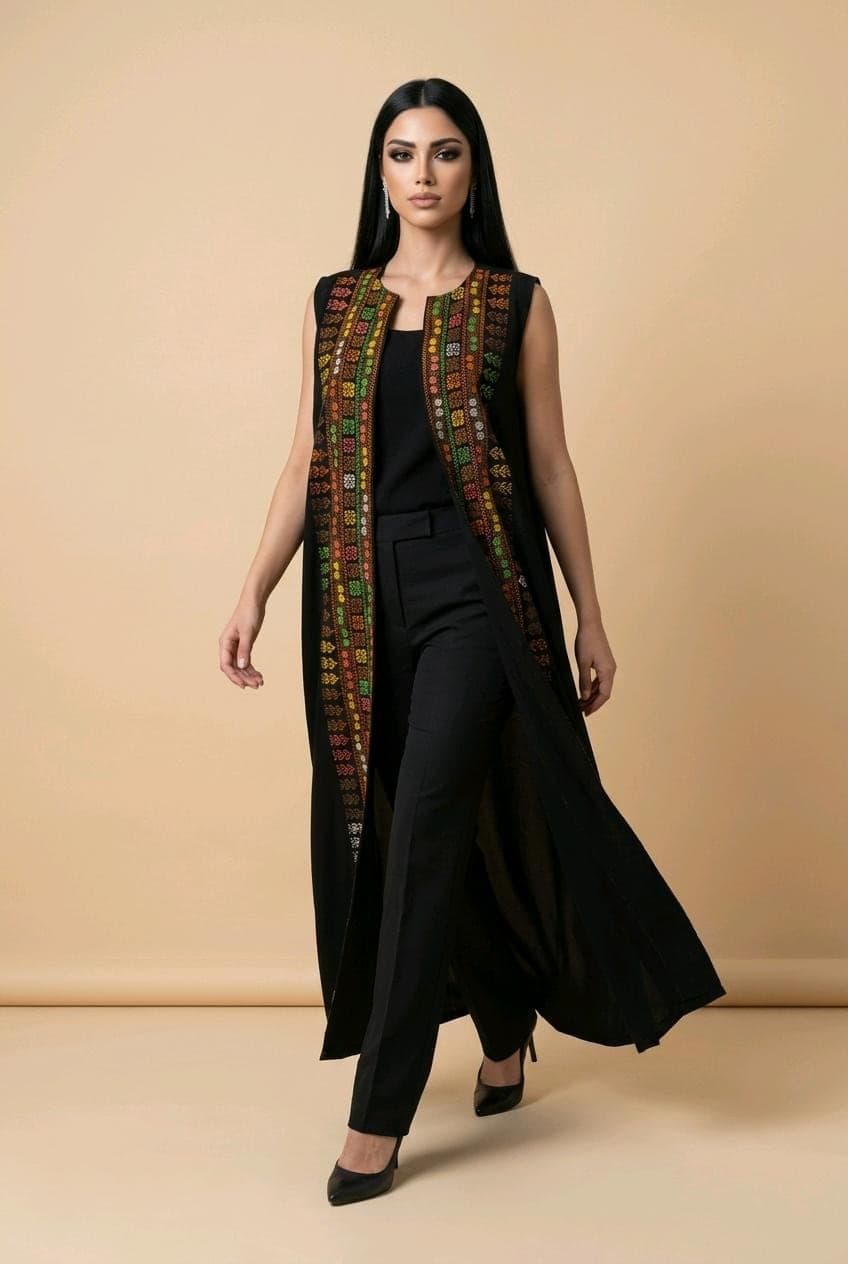 Hand Embroidered Palestinian Tatreez maxi vest sleeves abaya duster