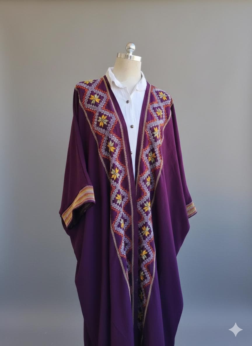 Hand Embroidered Kaftan - Purple Tatreez Kimono, Palestinian Abaya - image 5