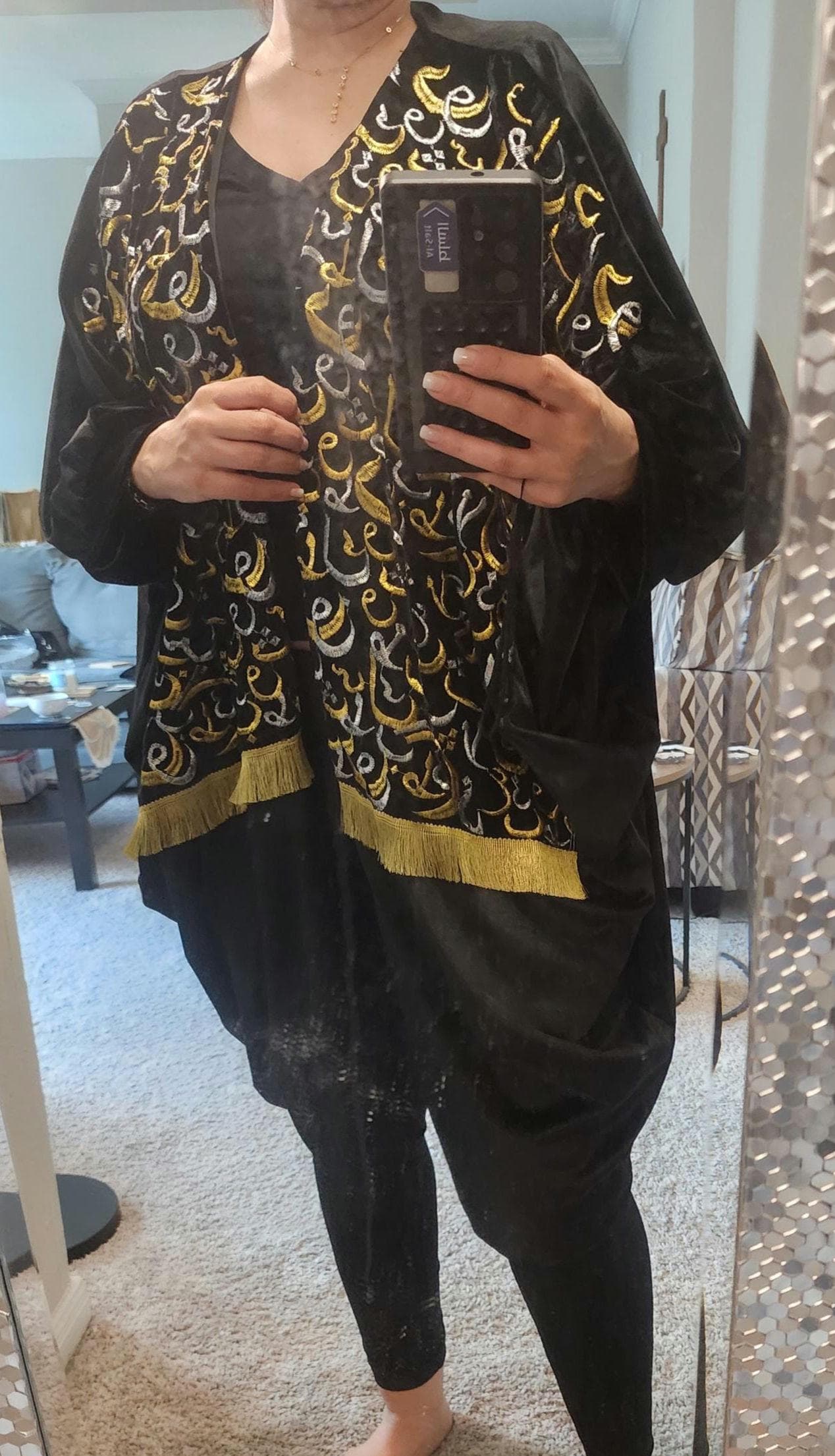 Black Velvet cardigan Abaya Robe,coverup: Gold Silver Arabic Calligraphy Embroidery, Ethnic Wear - image 4