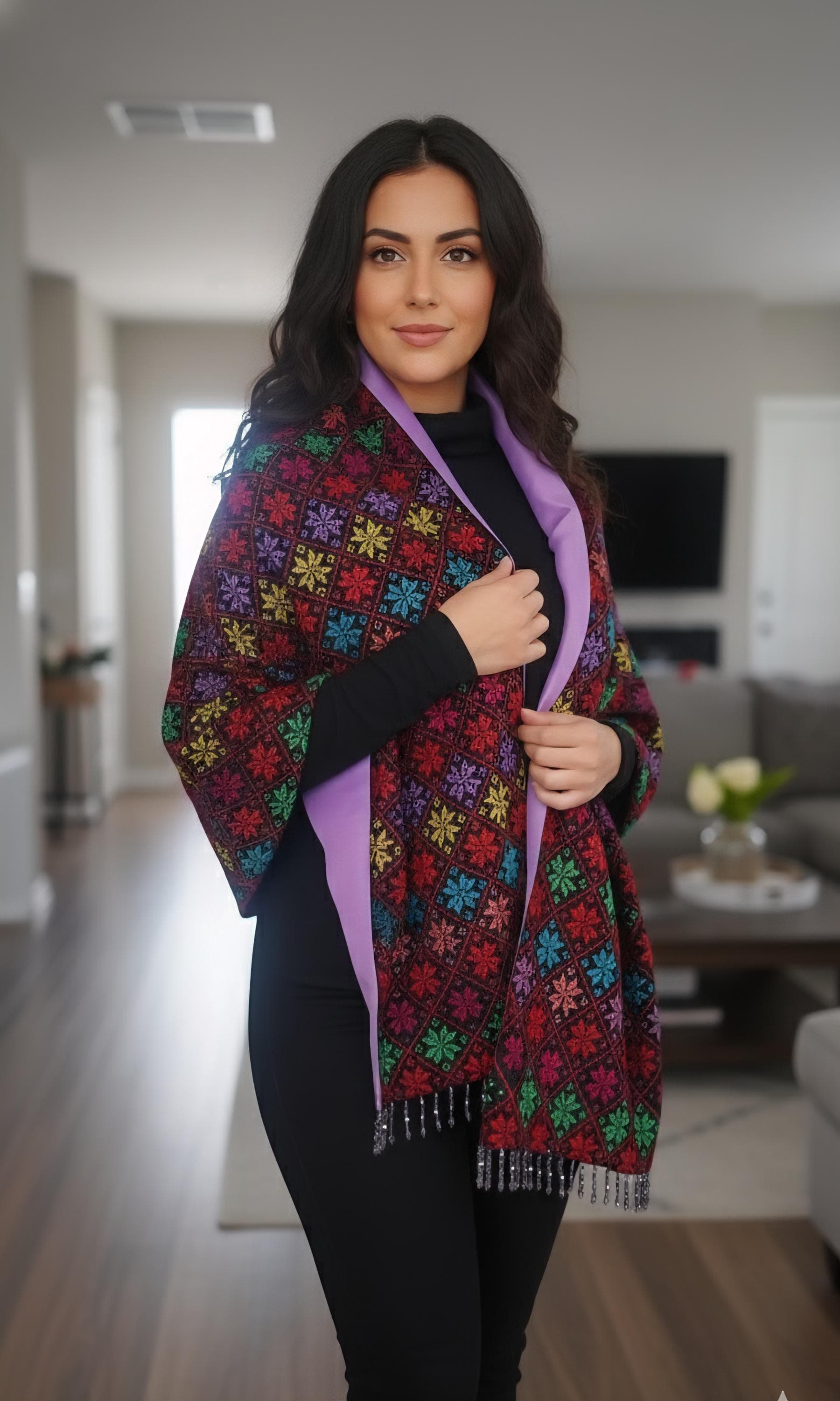 Handmade Palestinian Tatreez Shawl: Embroidered Etamine Wrap with Tefta Lining