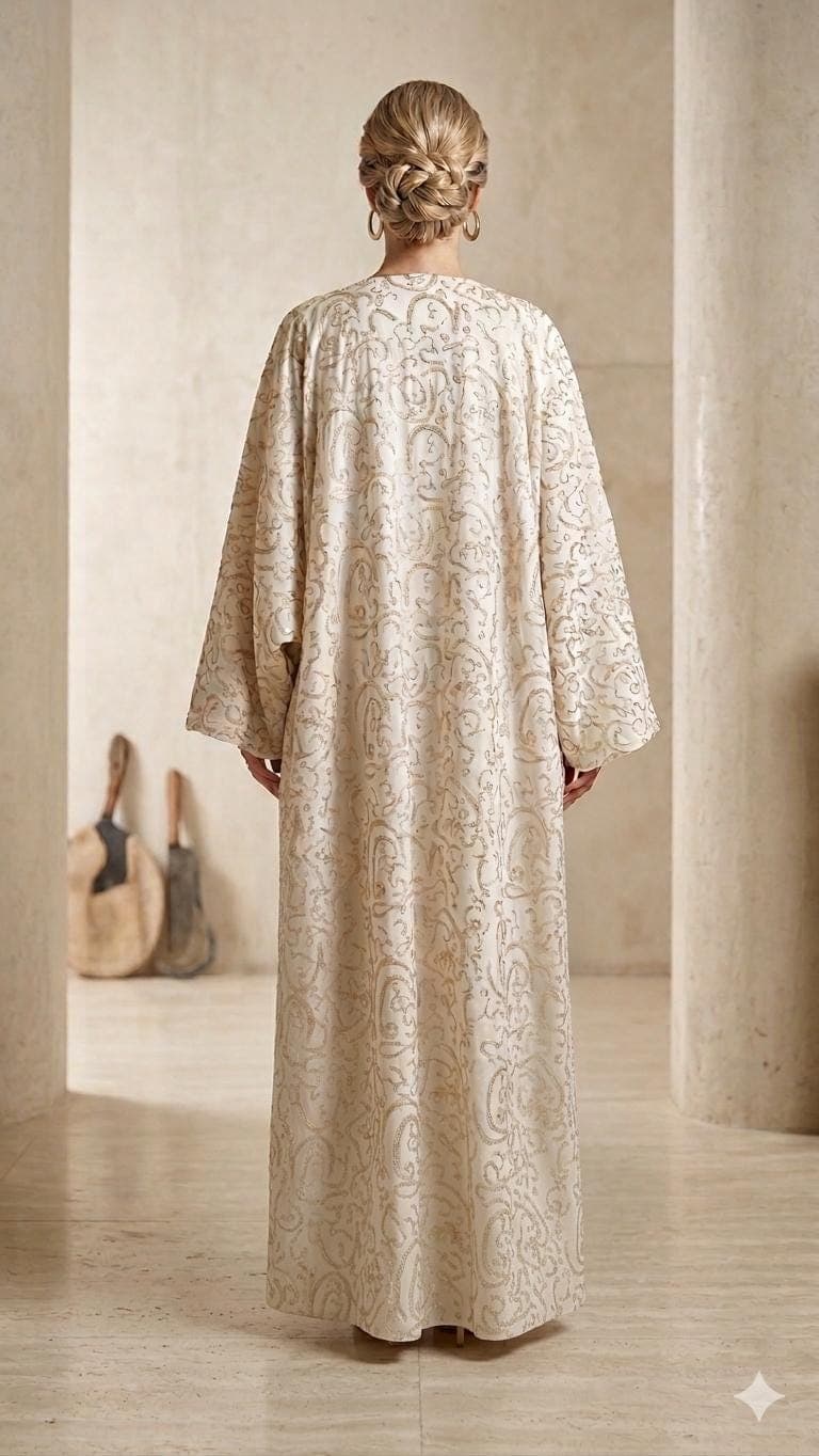 White Satin Abaya Kimono Duster: Gold arabic calligraphy Embroidery, Modest Luxury Cover-up - image 3