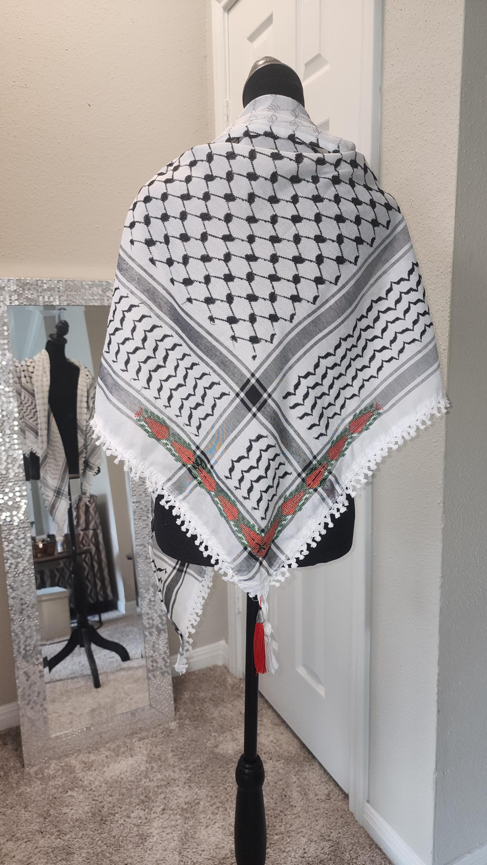 Unisex   Palestinian Keffiyeh: Embroidered Half Scarf ,  sabaleh tatreez pattern dark orange tatreez - image 3