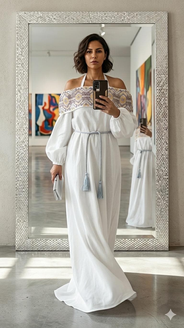 Luxury Linen Maxi Dress -Beaded Neckline – Versatile Off-Shoulder Boho Gown – White Resort Wear Caftan – Convertible Halter