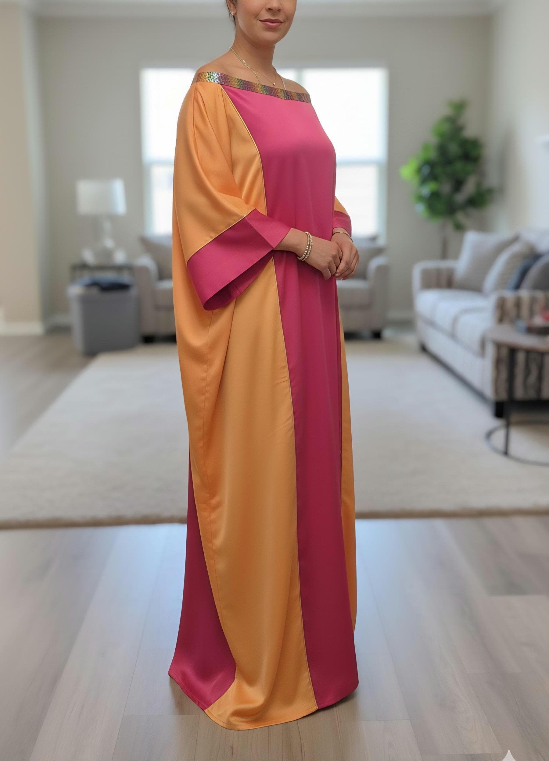 Color Block Satin Kaftan Dress | Off Shoulder Moroccan Gown Elegant Evening Wear - image 3