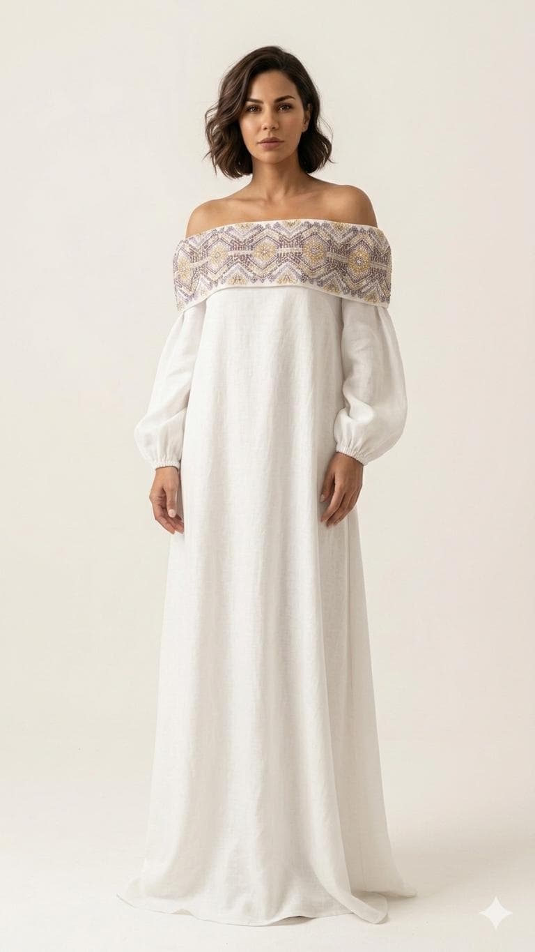 Luxury Linen Maxi Dress -Beaded Neckline – Versatile Off-Shoulder Boho Gown – White Resort Wear Caftan – Convertible Halter - image 3