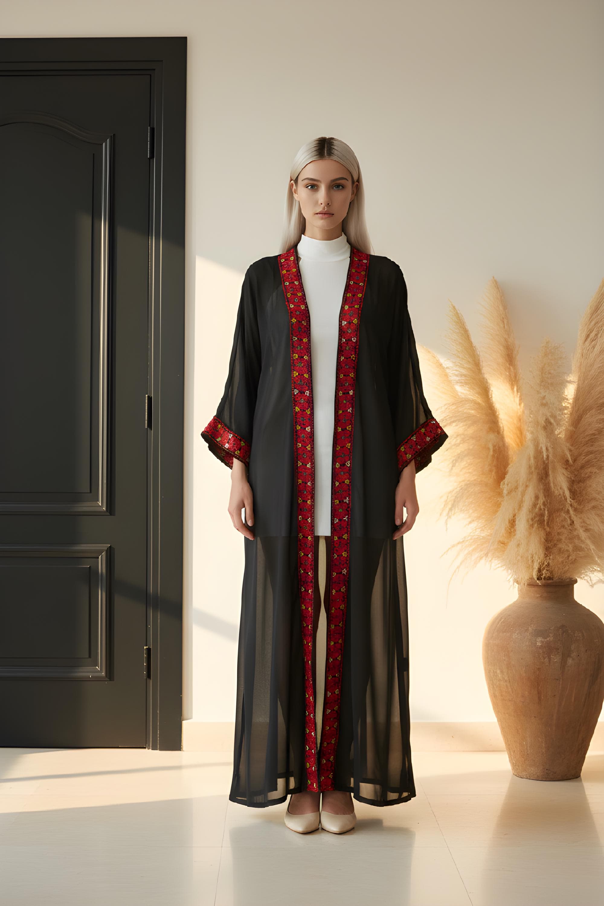 Hand Embroidered Palestinian Tatreez Cape: Heritage Abaya Shawl chiffon with red tatreez