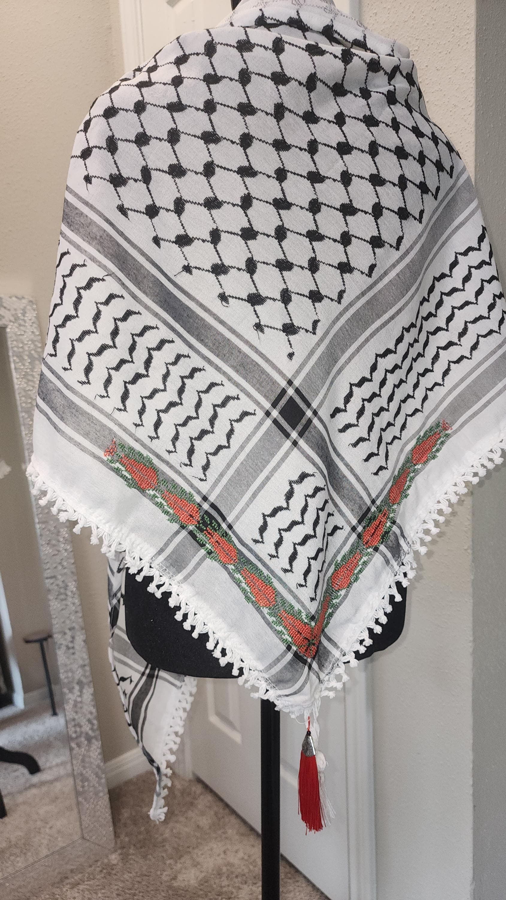 Unisex   Palestinian Keffiyeh: Embroidered Half Scarf ,  sabaleh tatreez pattern dark orange tatreez - image 5
