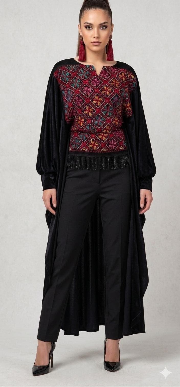 Hand Embroidered Palestinian Tatreez top/abaya/cover-up: Heritage in velvet - image 3